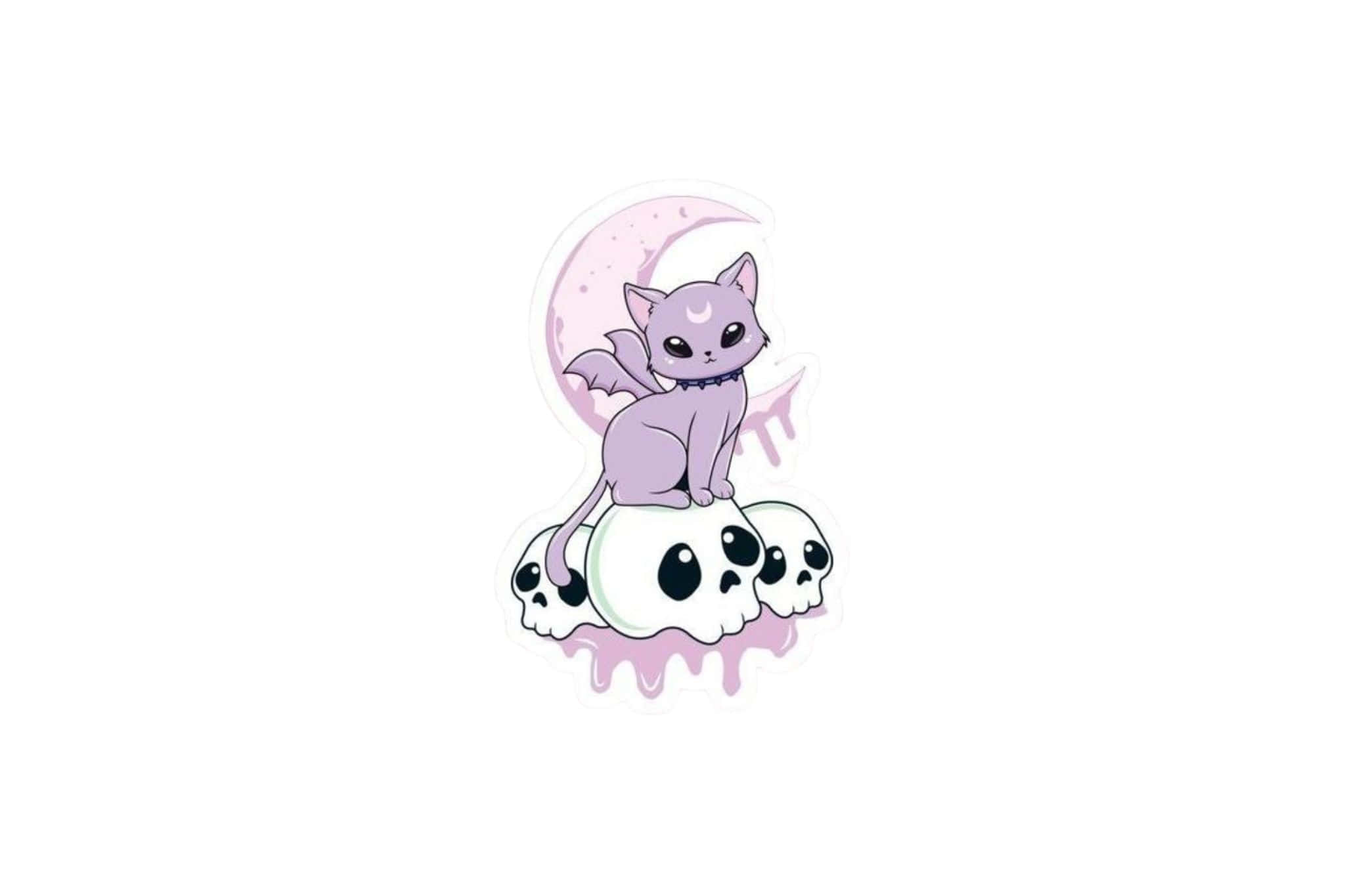 Purple Cat, skull, pink crescent moon, Full HD Desktop Wallpaper