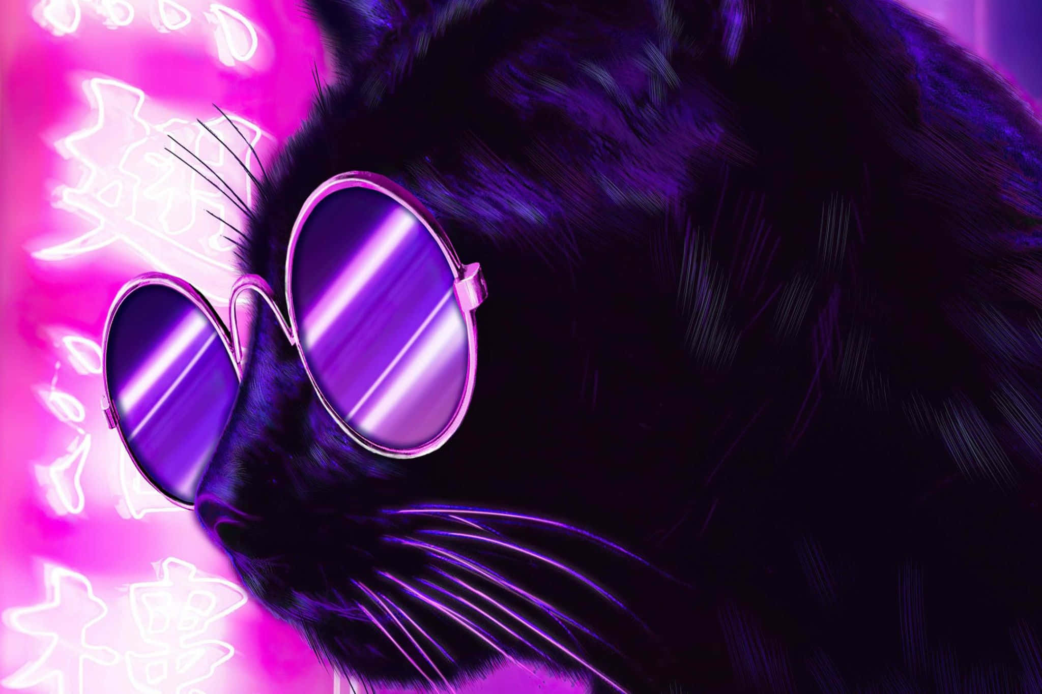 black cat, purple heart-shaped sunglasses, glowing pink neon background, Full HD Desktop Wallpaper