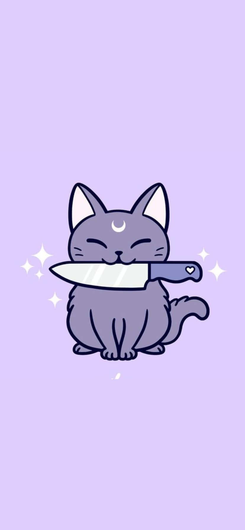 purple cartoon cat, moon symbol, large knife, HD Phone Wallpaper