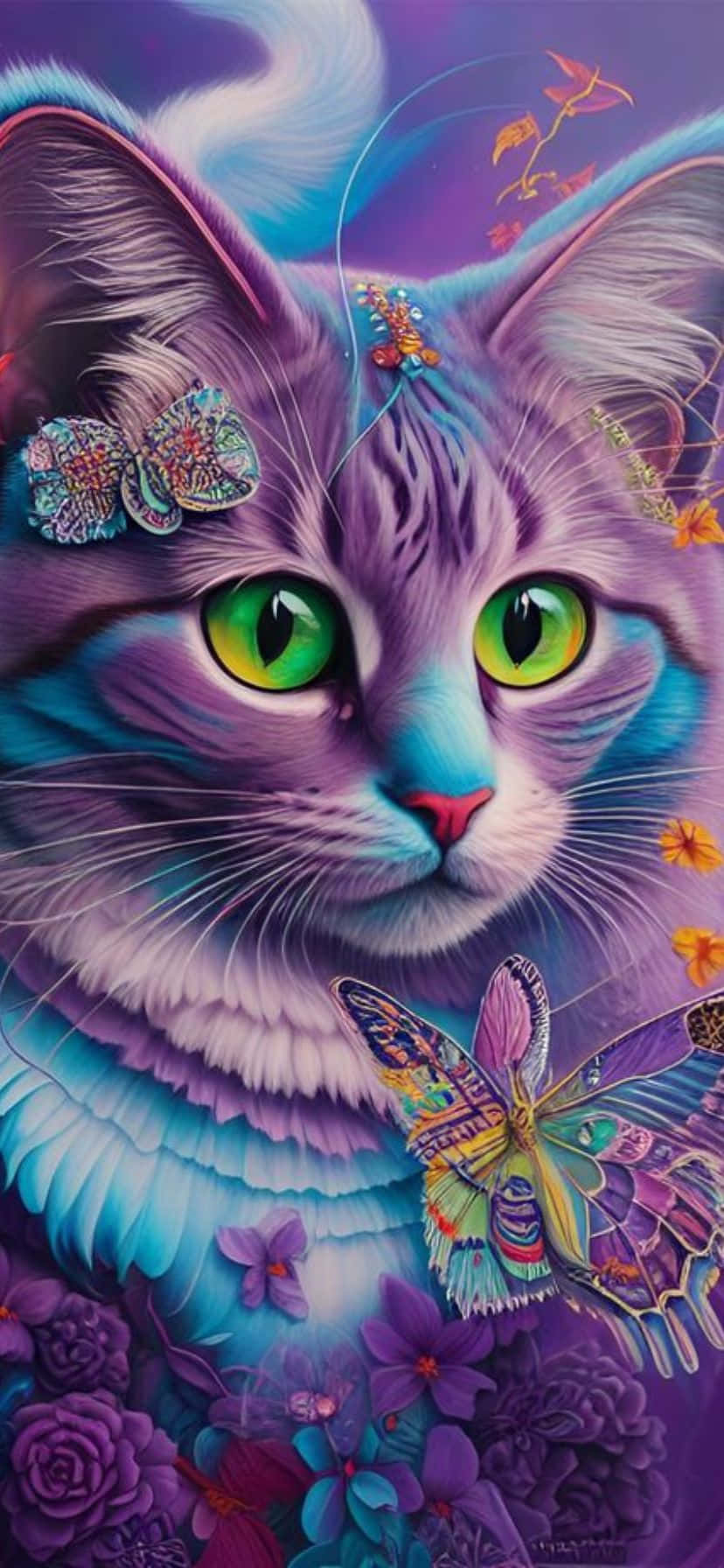 vibrant purple cat, glowing green eyes, floral jewelry, HD Phone Wallpaper