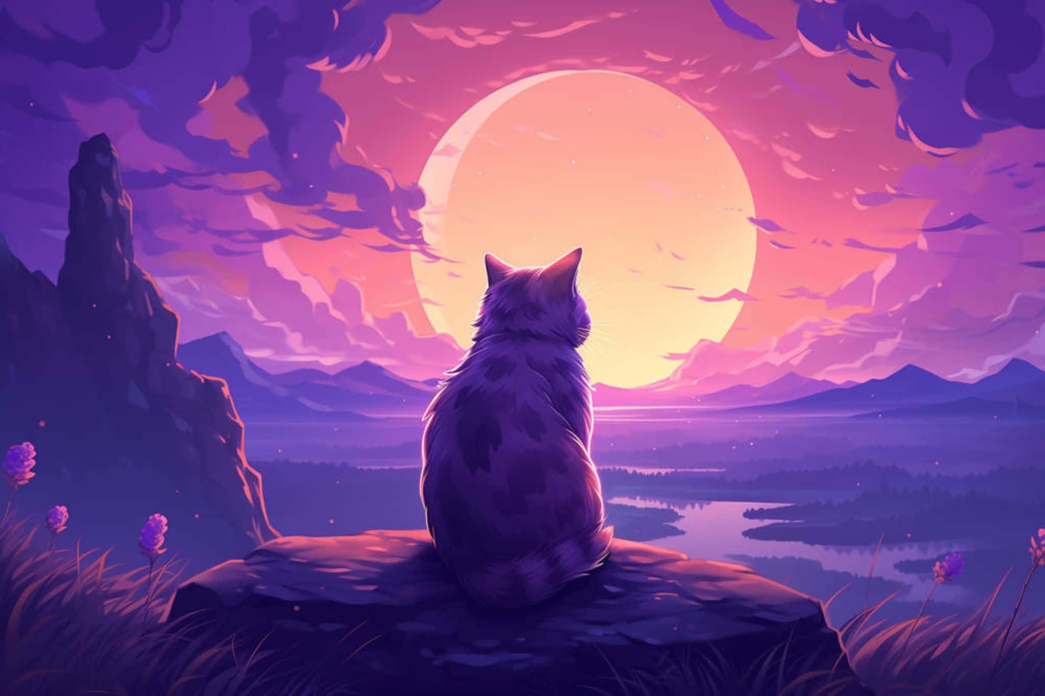 Purple Cat, moonlit landscape, rocky cliff, Full HD Desktop Wallpaper