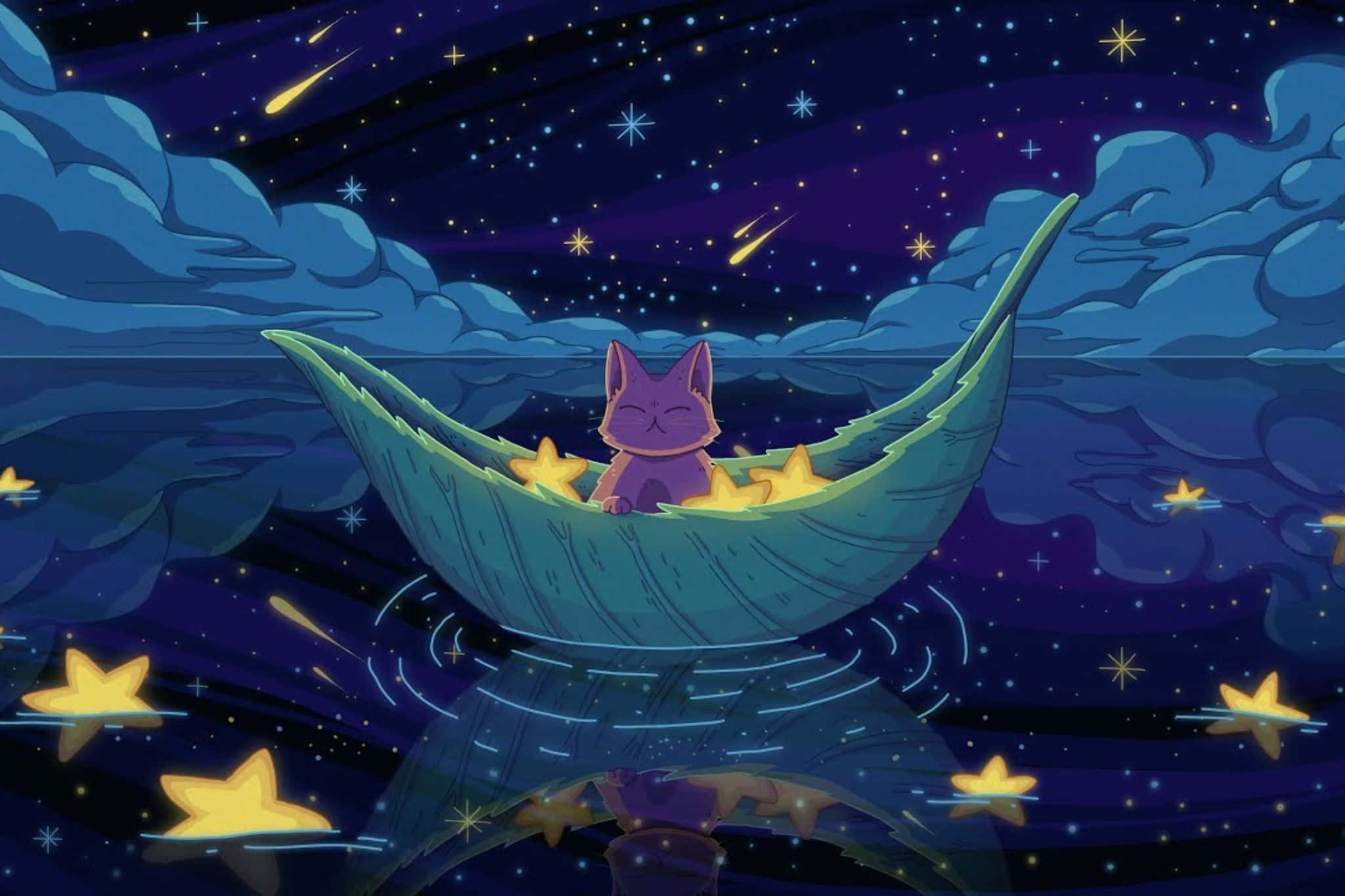 Starry Night, purple cat, leaf boat, Full HD Desktop Wallpaper