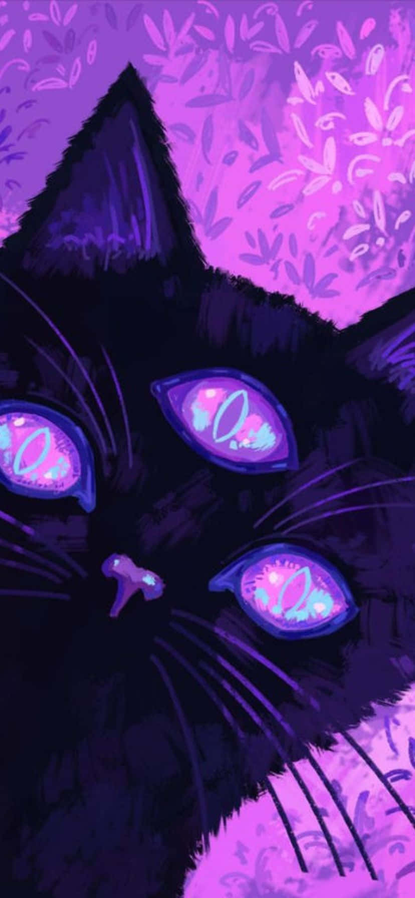 Mystical Purple Cat Art, glowing purple eyes, vibrant purple floral background, HD Phone Wallpaper