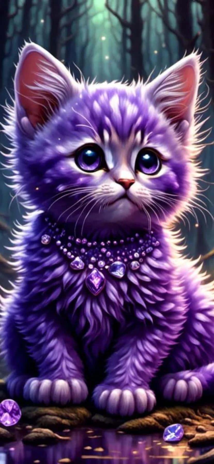 enchanted purple kitten, glowing blue eyes, jeweled collar, HD Phone Wallpaper