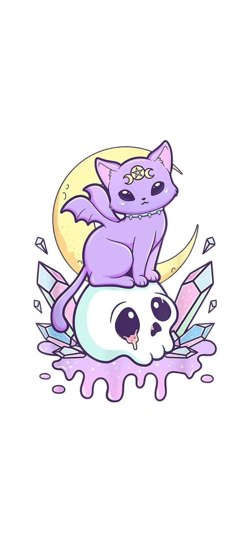 purple cat, bat-winged, moon crown, HD Phone Wallpaper