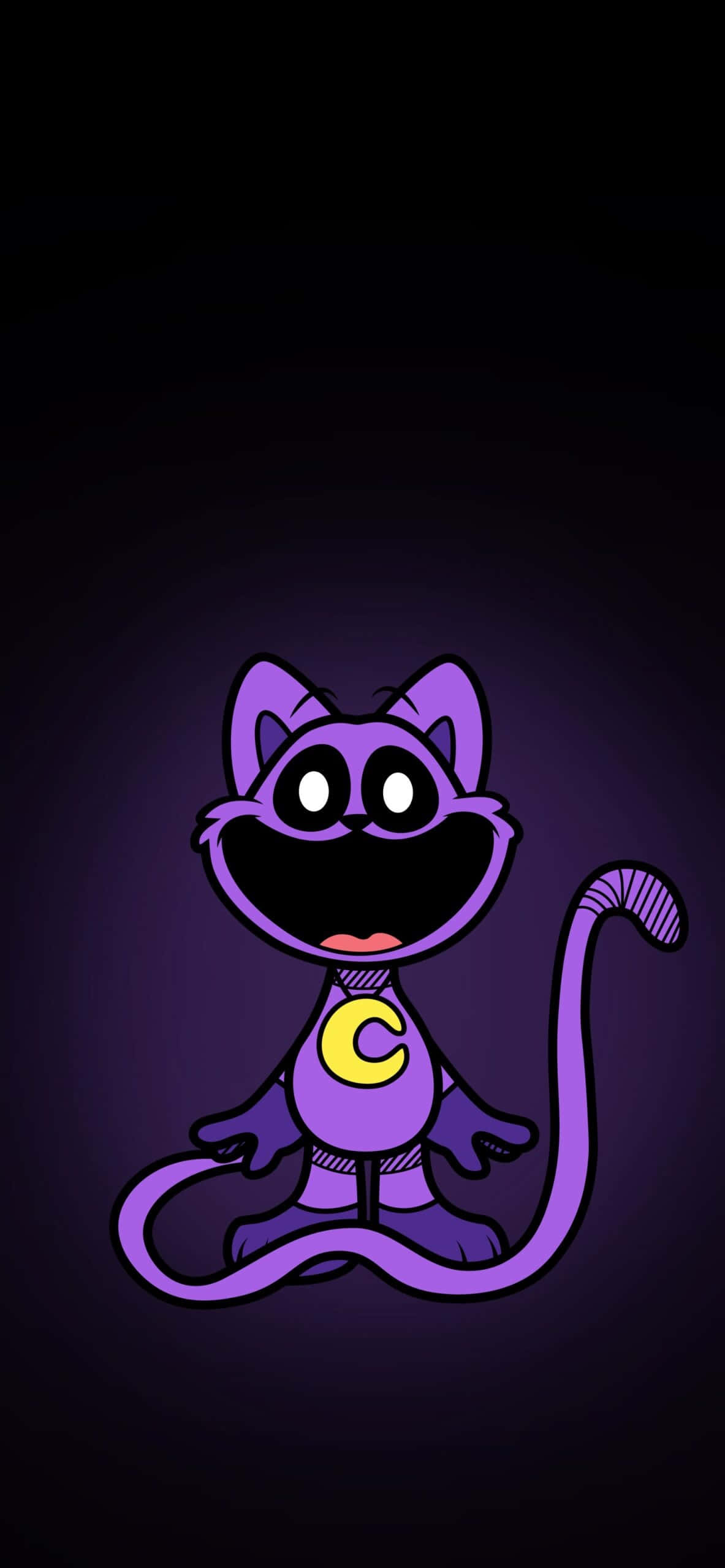 purple cartoon cat, yellow crescent moon, dark purple gradient background, 2K Phone Wallpaper