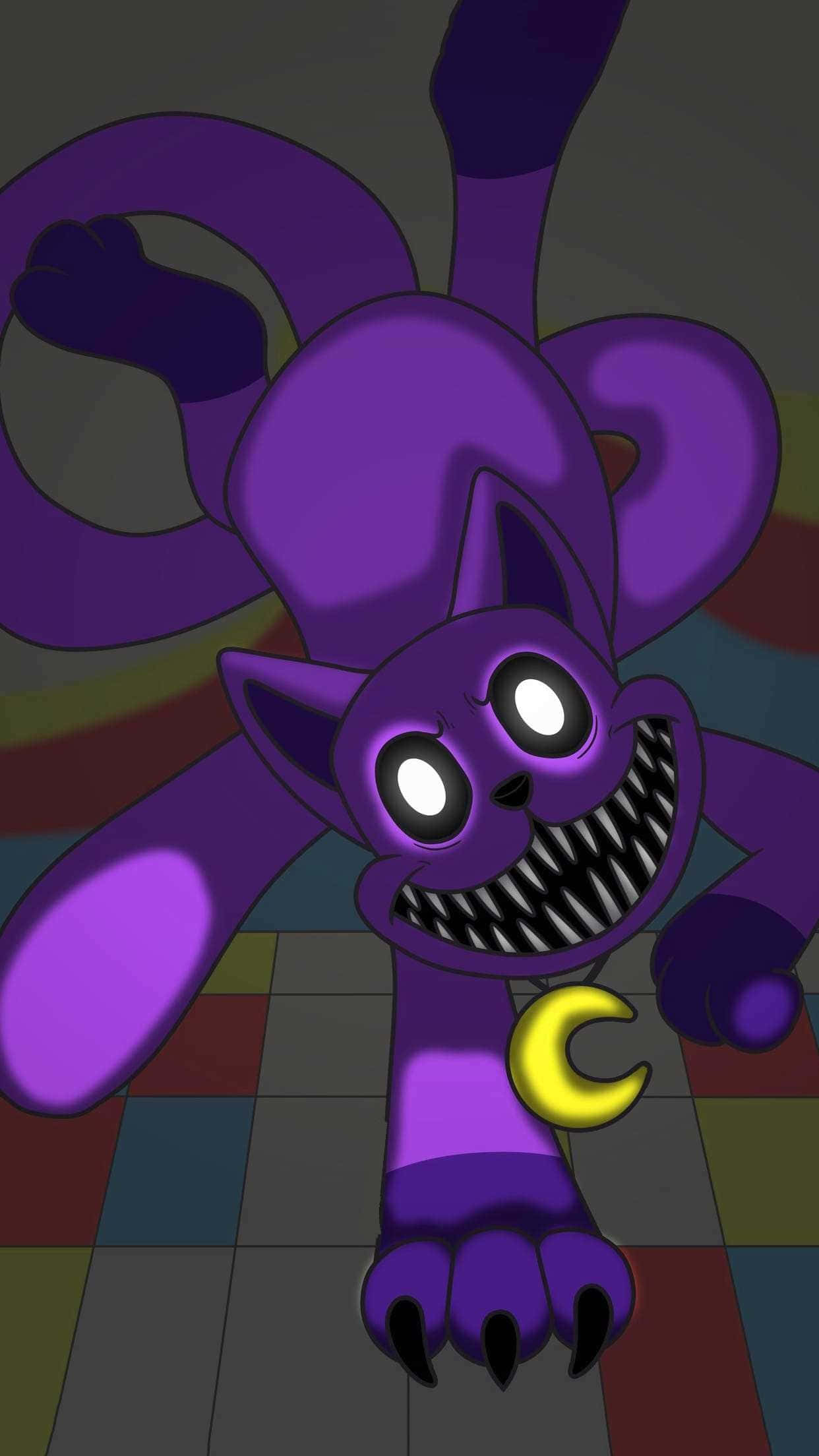 Purple Cartoon Cat, glowing eyes, sharp teeth, Full HD Phone Wallpaper