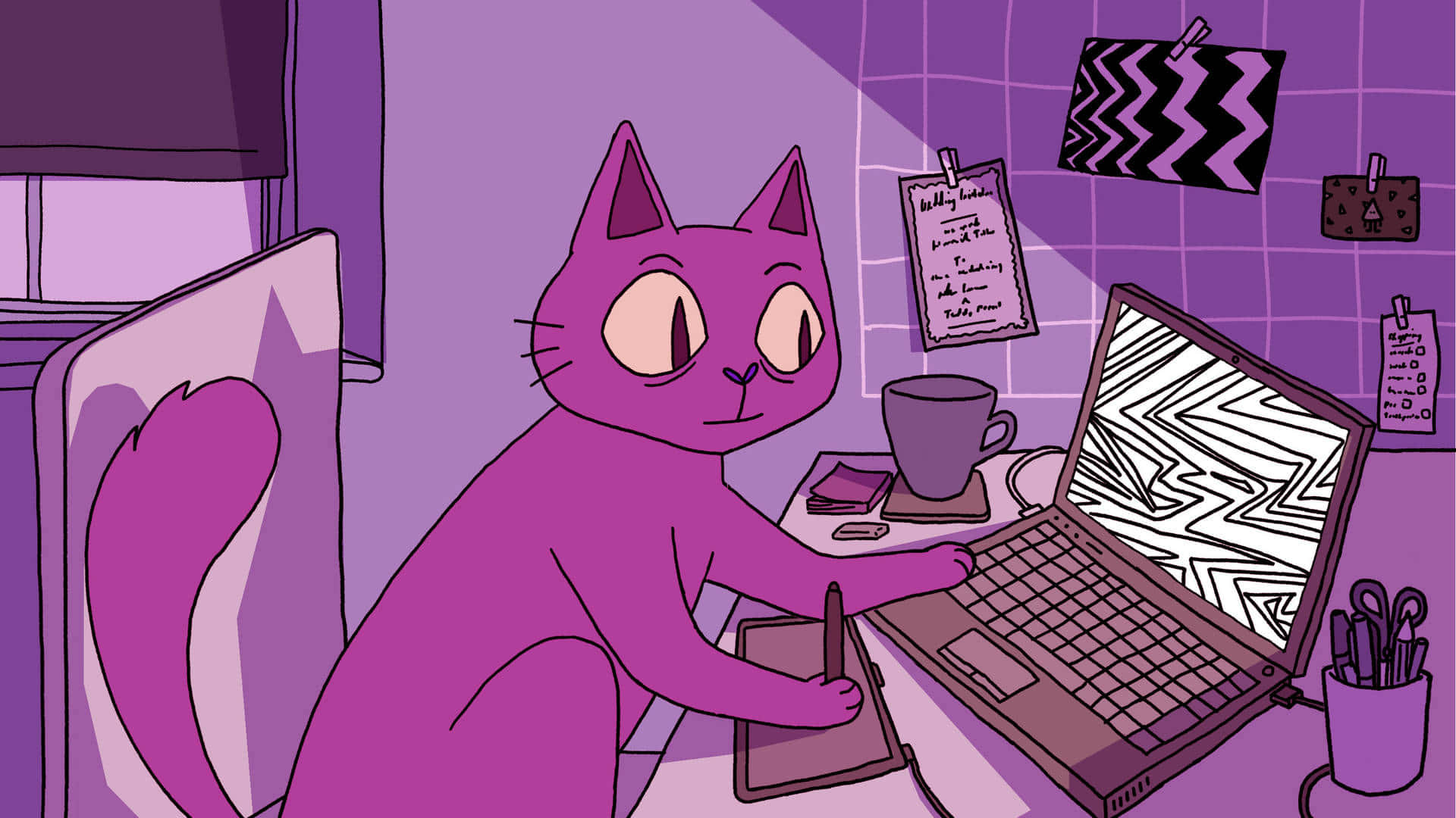 Purple Cat, graphics tablet, laptop, Full HD Desktop Wallpaper