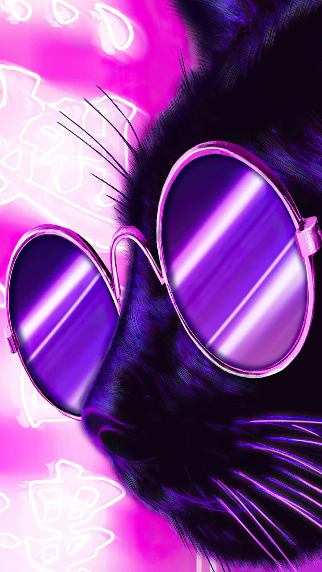Black Cat, round purple sunglasses, glowing pink neon background, Full HD Phone Wallpaper