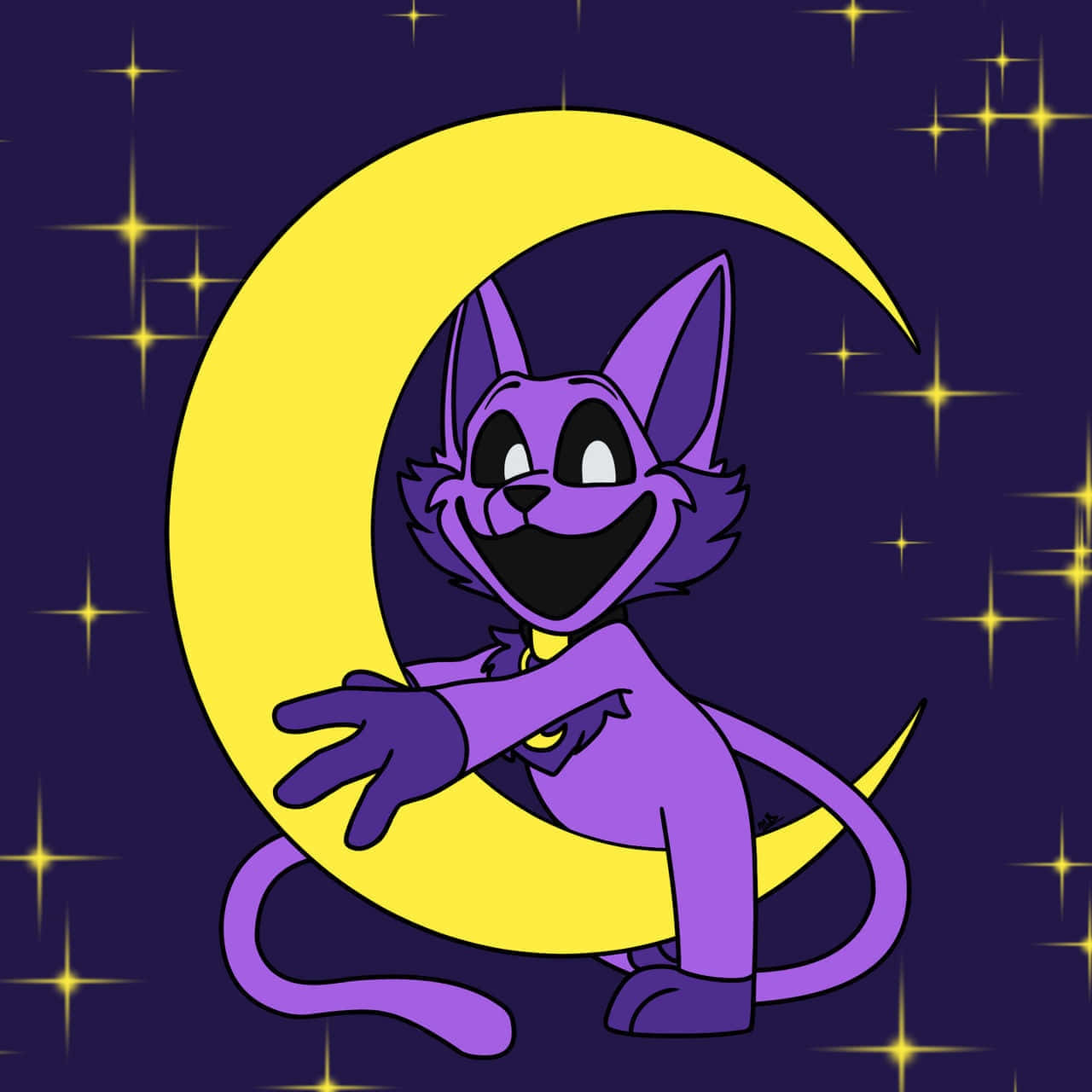 animated purple cat, bright yellow crescent moon, starry dark blue night sky, HD Desktop Wallpaper