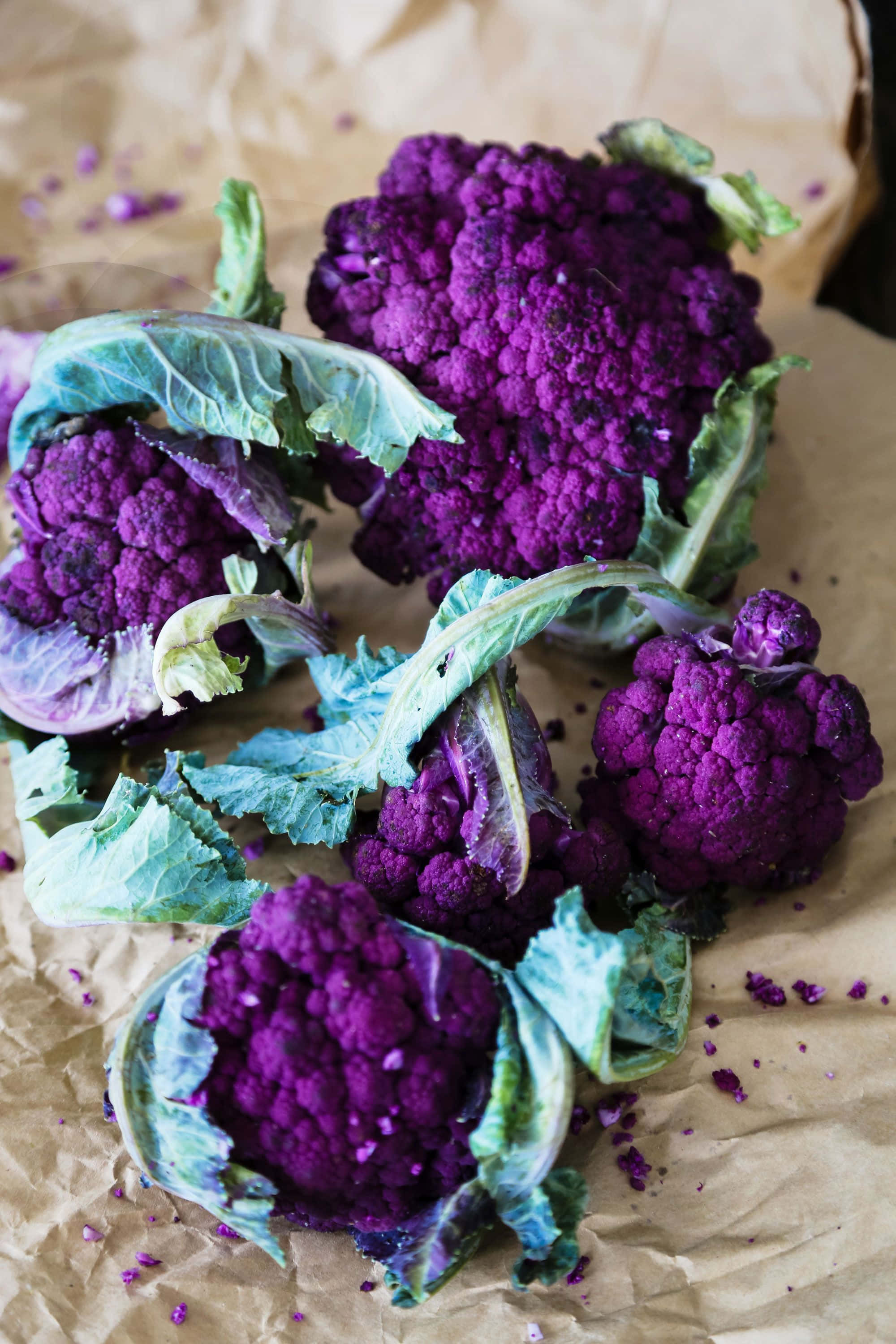 Purple Cauliflower, vibrant purple cauliflower heads, green leaves, 2K Phone Wallpaper