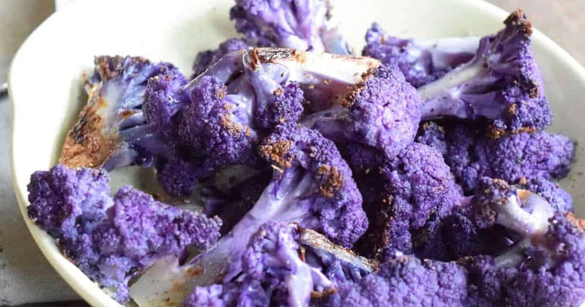 purple cauliflower, crispy roasted, white bowl, SD Desktop Wallpaper