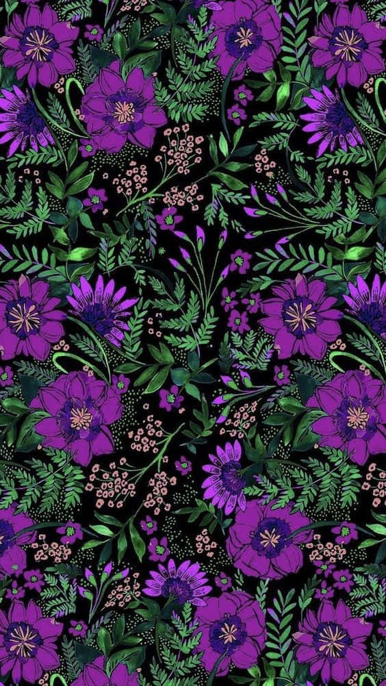 Purple Floral Greenery Pattern, vibrant purple flowers, green foliage, SD Phone Wallpaper