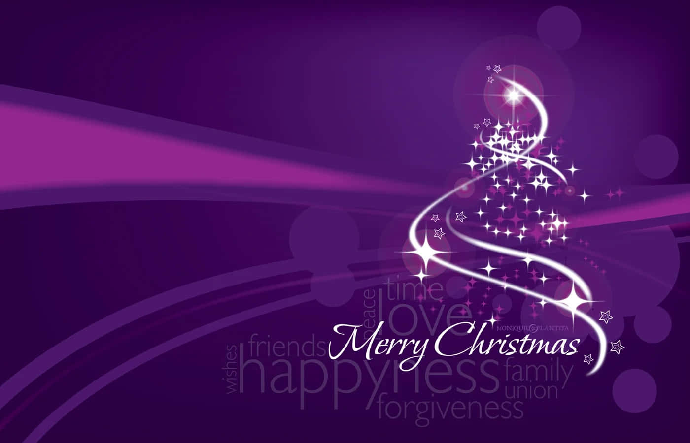 Purple Christmas, glowing white Christmas tree, stars and swirls, HD Desktop Wallpaper