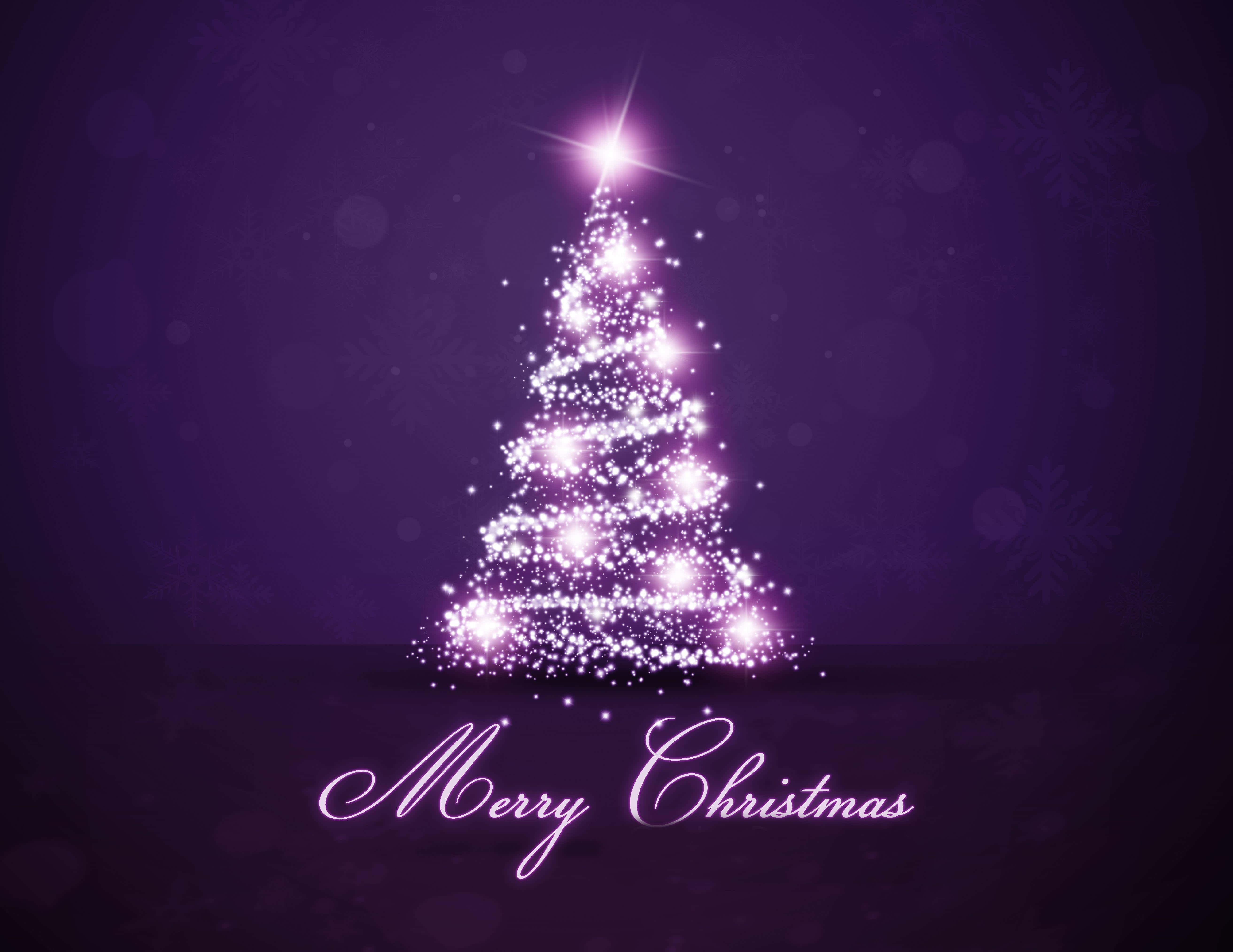 purple Christmas tree, bright lights, snowflake bokeh, 5K Desktop Wallpaper