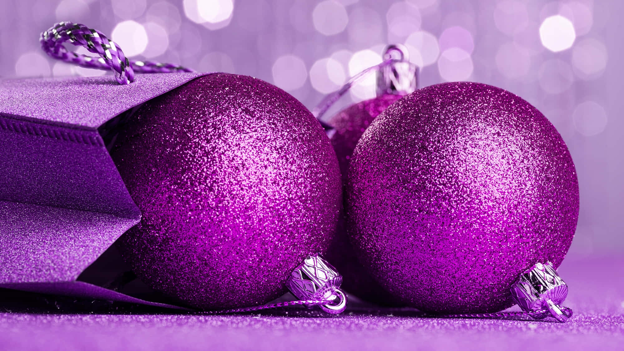 purple christmas, purple glitter ornaments, gift bag, Full HD Desktop Wallpaper