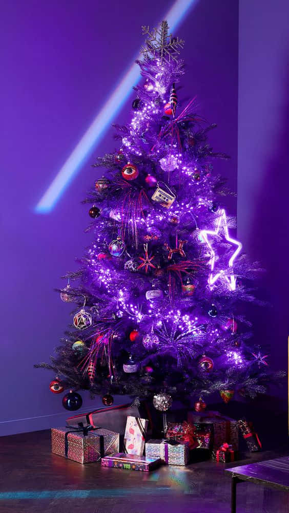 purple Christmas tree, glowing lights, eclectic ornaments, SD Phone Wallpaper