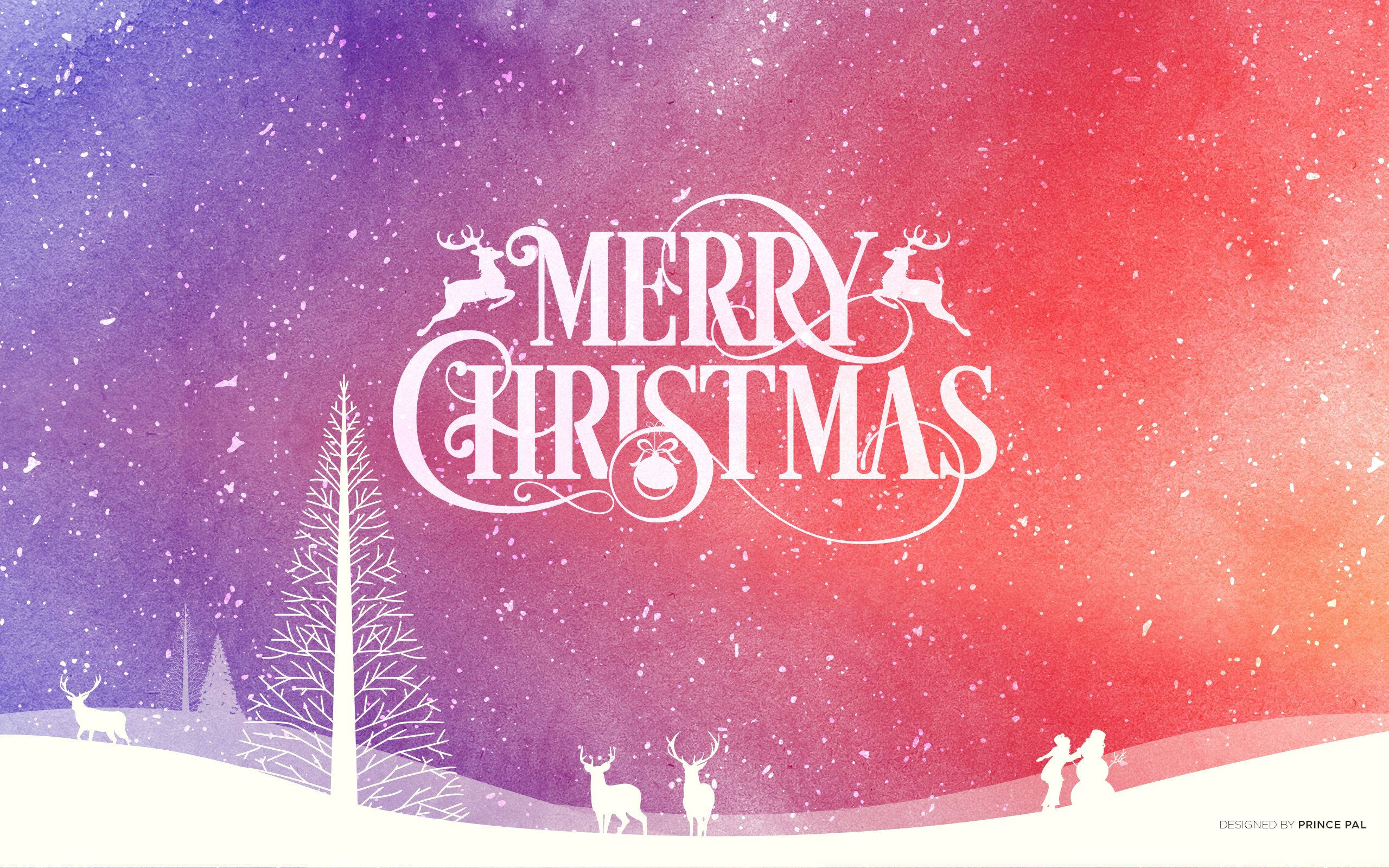 watercolor Christmas scene, white silhouettes of deer and people, purple to red gradient sky, 2K Desktop Wallpaper