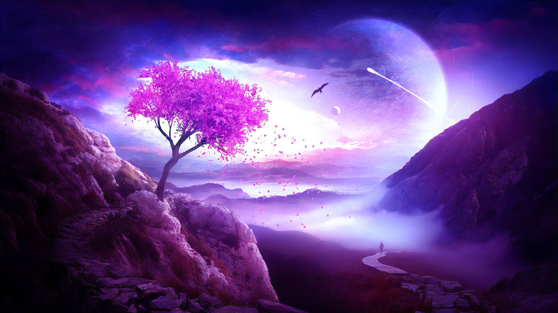 purple tree, moon, cliffside, Full HD Desktop Wallpaper