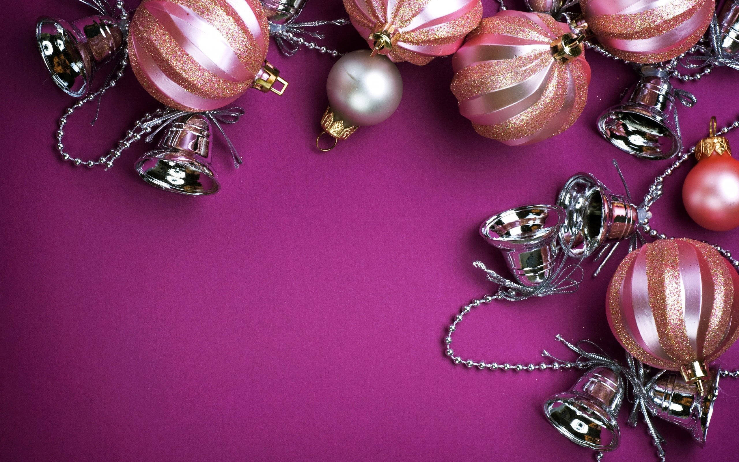 Pink Christmas Balls, Purple Background, Magenta Background, 2K Desktop Wallpaper