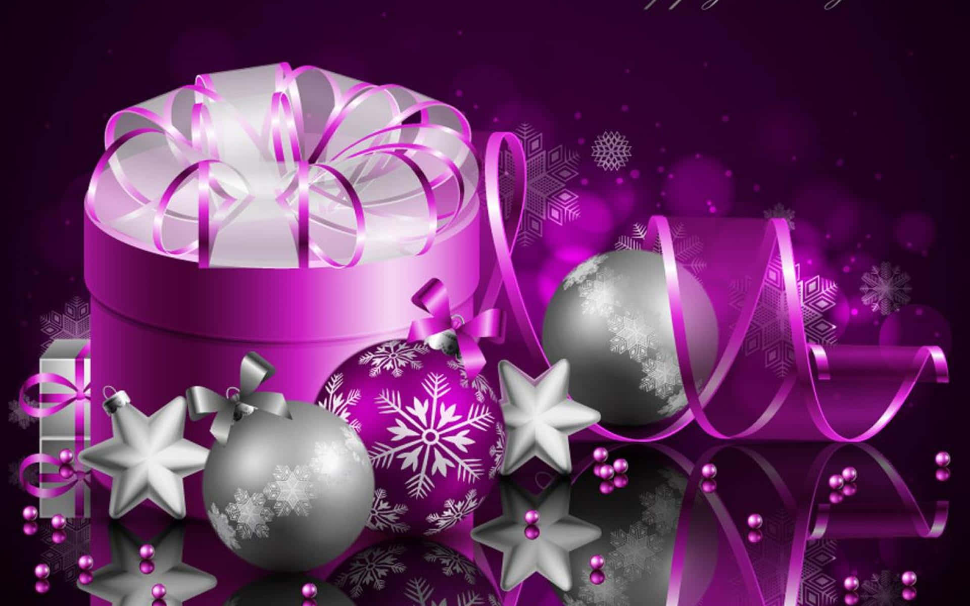 Purple Christmas, silver snowflake ornaments, reflective surface, Full HD Desktop Wallpaper