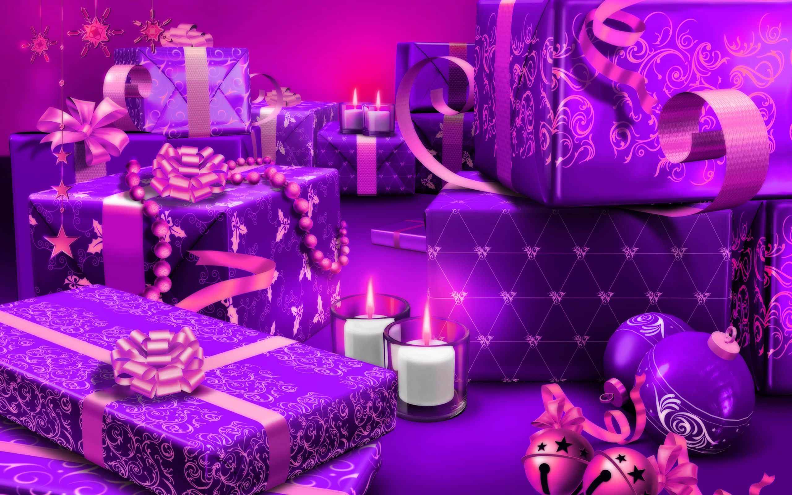 Purple Christmas, vibrant purple gifts, ribbons, 2K Desktop Wallpaper