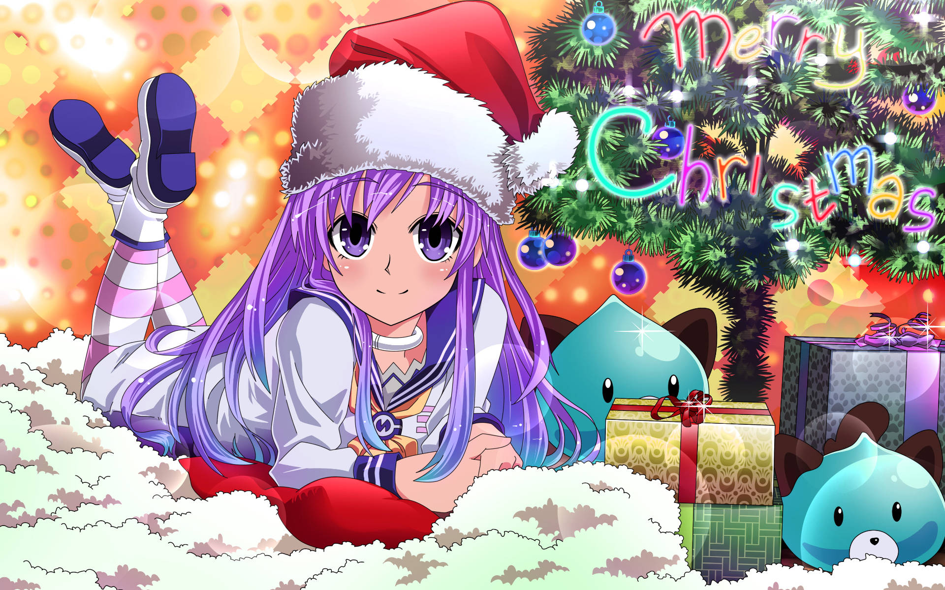 Purple Heart Anime Christmas, anime girl, purple hair, Full HD Desktop Wallpaper