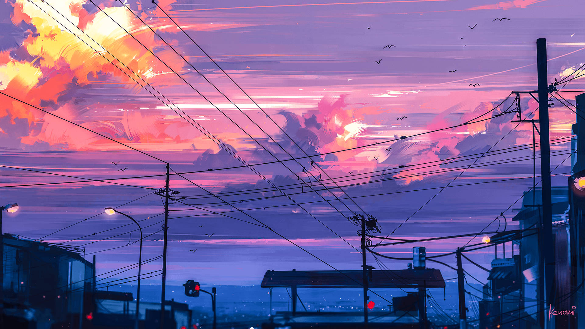 Purple And Orange Sunset Aesthetic, vibrant pink and orange sunset clouds, cityscape, Full HD Desktop Wallpaper