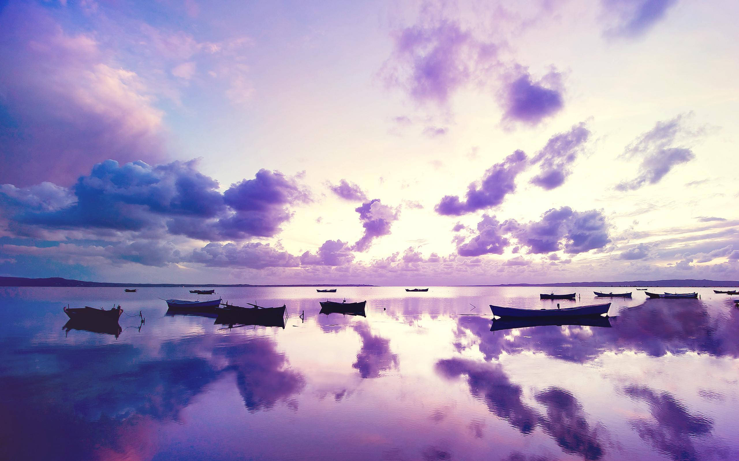 Purple Clouds, glassy lake, dramatic purple and pink sunset sky, 2K Desktop Wallpaper
