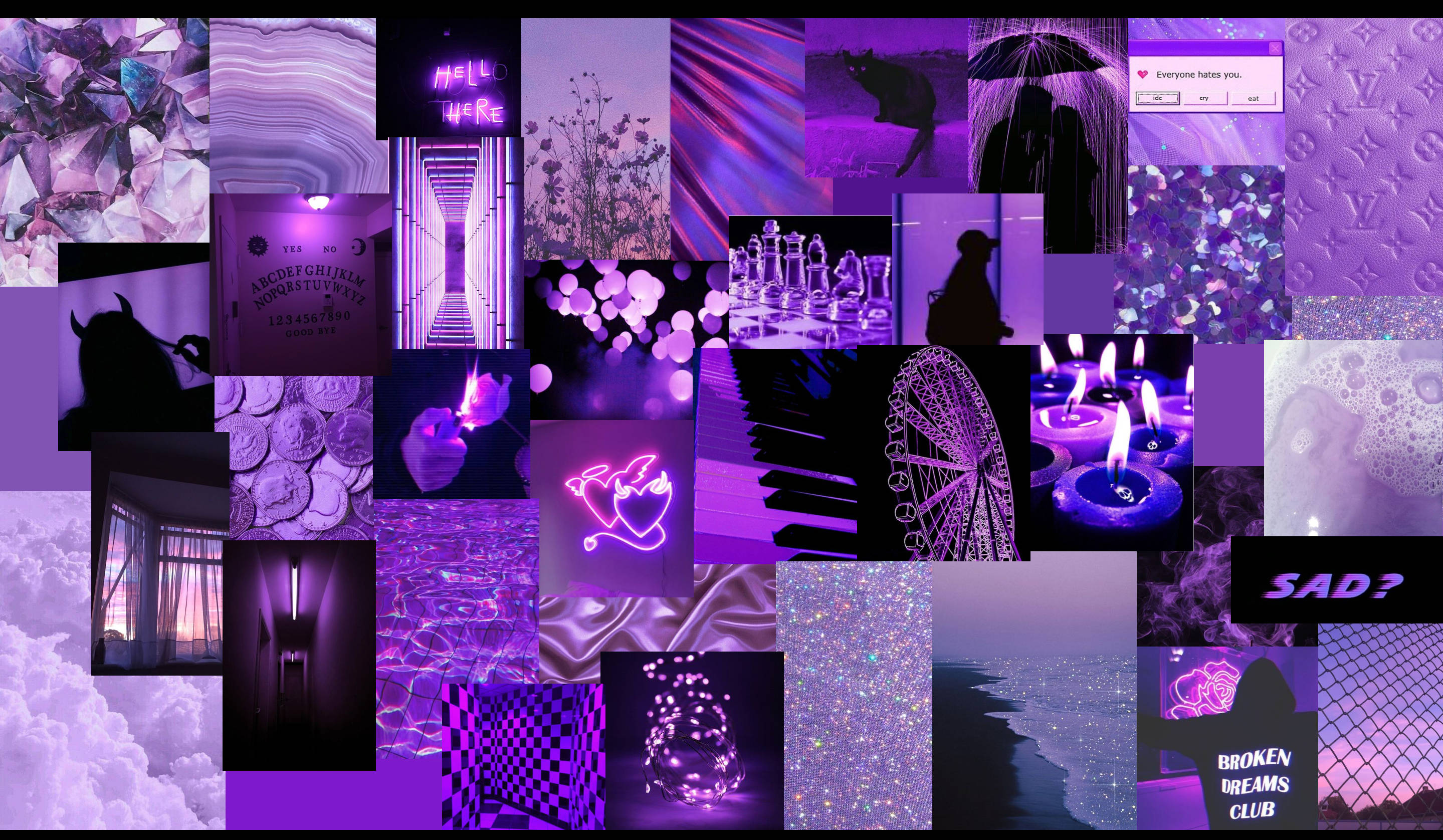 Dark Purple Collage Aesthetic, neon signs, candles, 2K Desktop Wallpaper