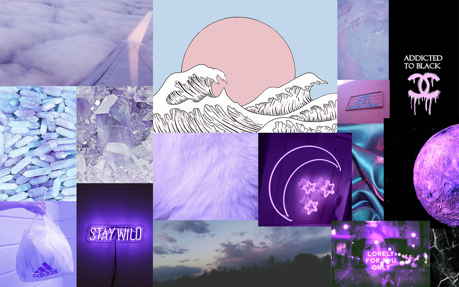 Dark Purple Collage Aesthetic, neon signs, crystals, Full HD Desktop Wallpaper