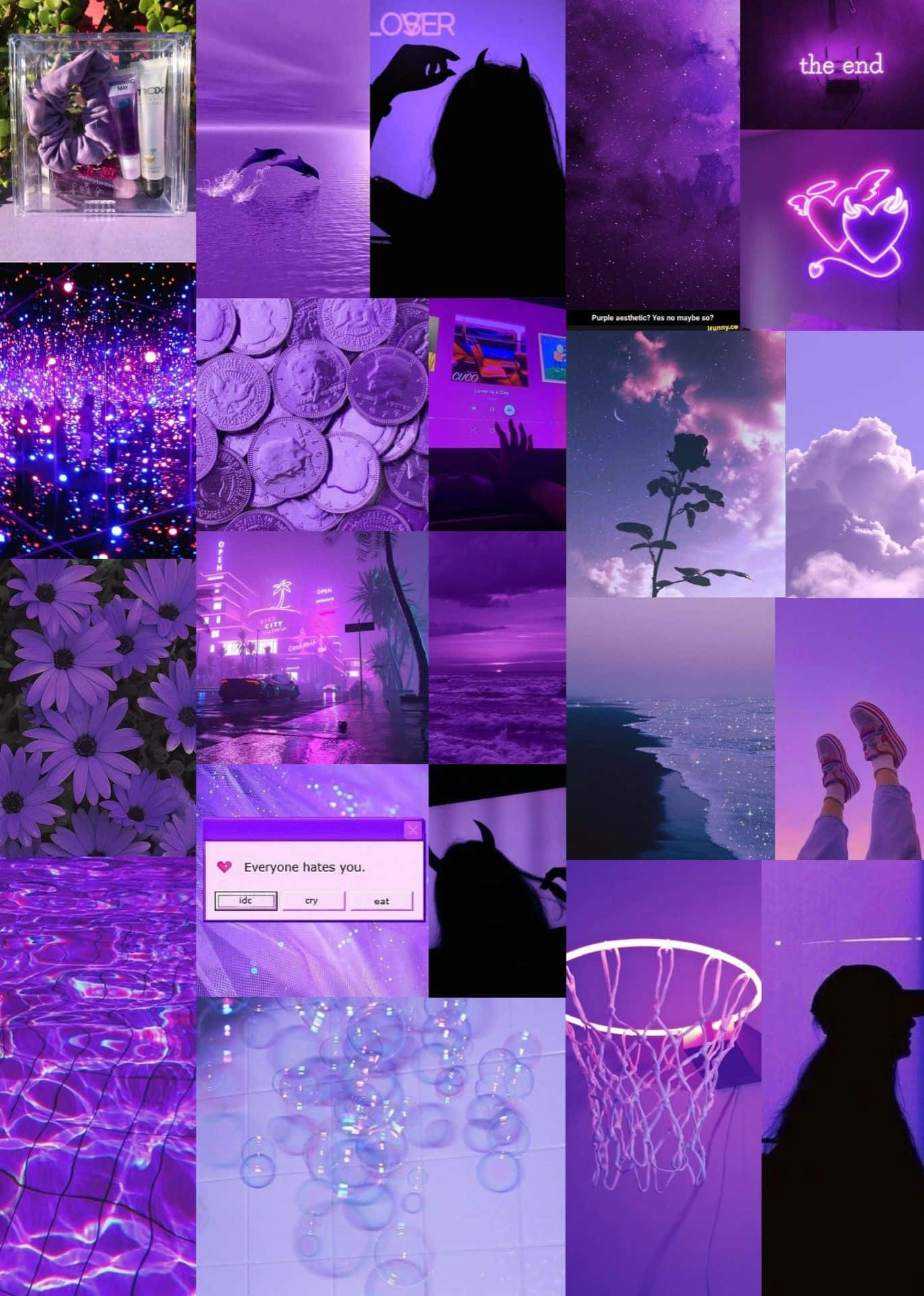 Neon Purple Collage, vibrant purple-themed collage, glowing neon hearts, Full HD Phone Wallpaper