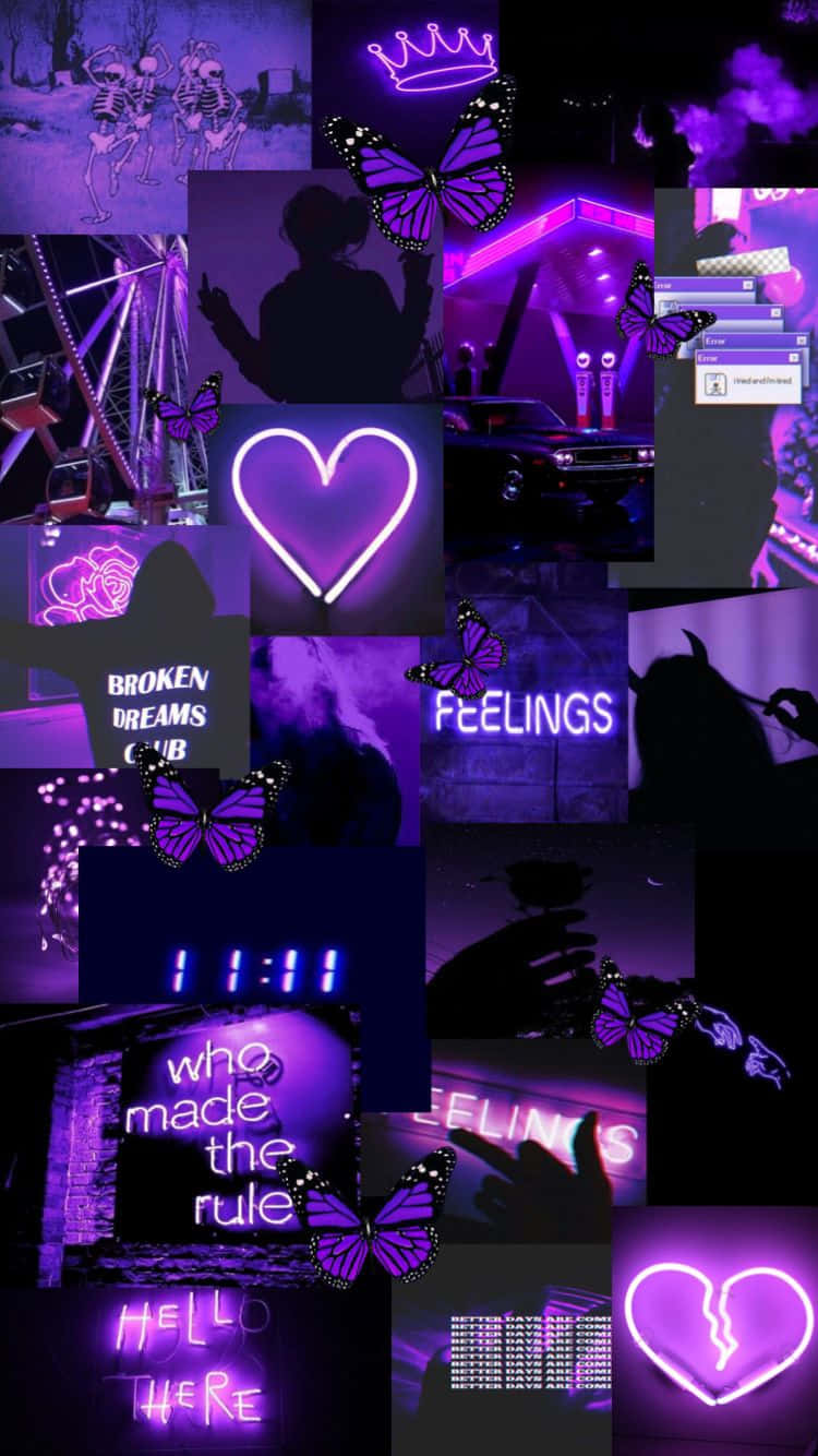 purple collage, neon signs, butterflies, HD Phone Wallpaper