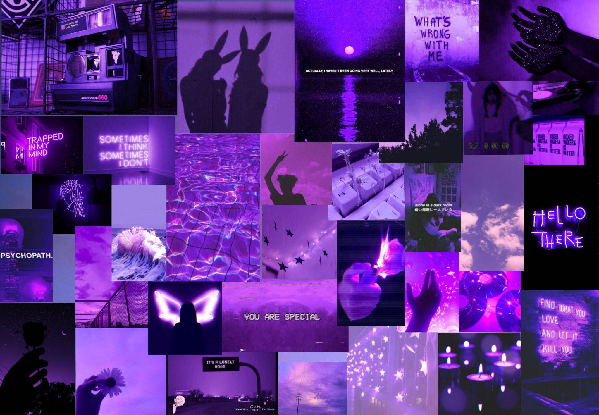 Dark Purple Collage Aesthetic, vibrant purple-themed, silhouettes hands text, Full HD Desktop Wallpaper