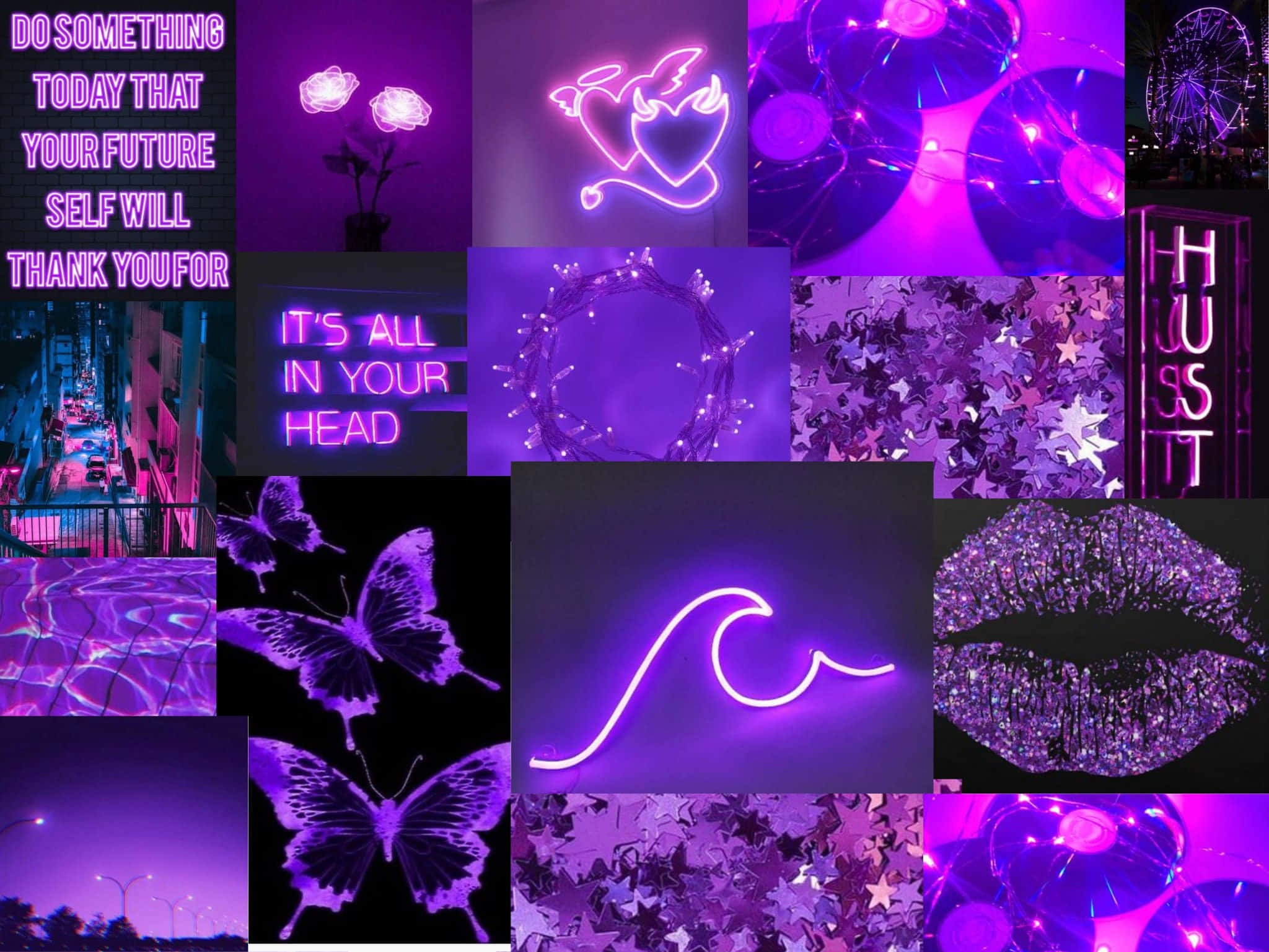 Purple Collage, neon collage, glowing signs, Full HD Desktop Wallpaper