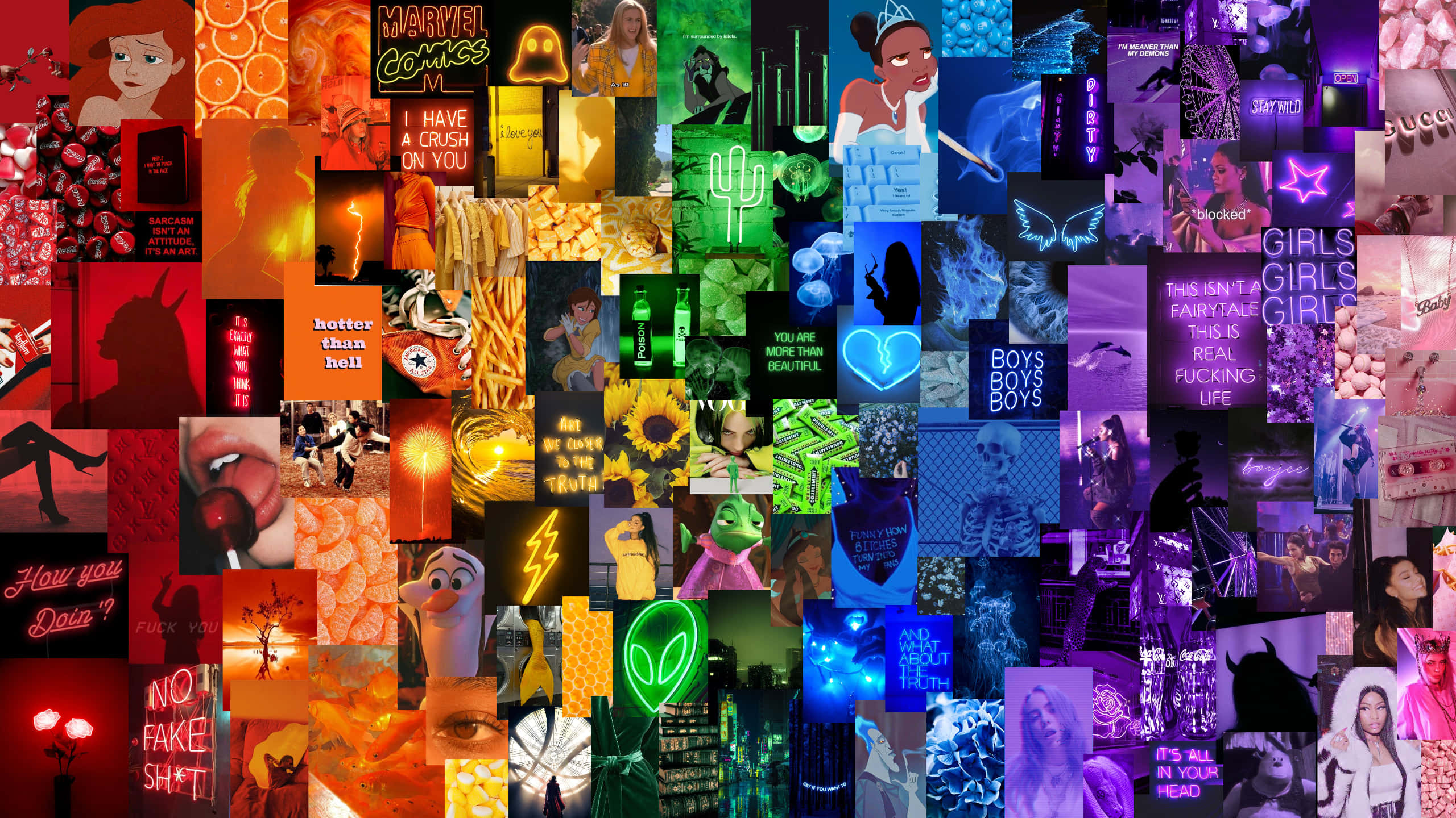 Purple Collage, neon-lit scenes, bold reds greens and purples, 2K Desktop Wallpaper