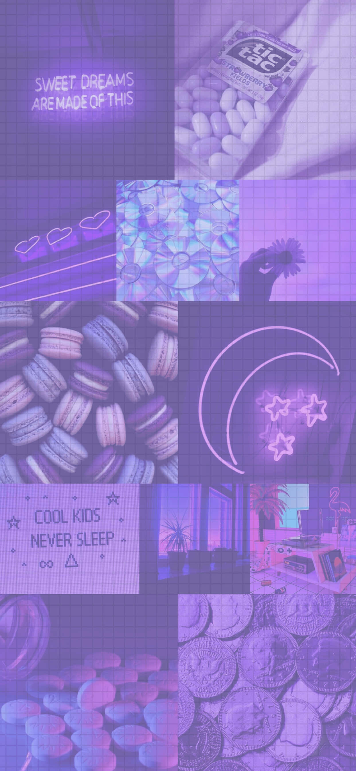 Purple Collage, grid overlay, neon stars, 2K Phone Wallpaper