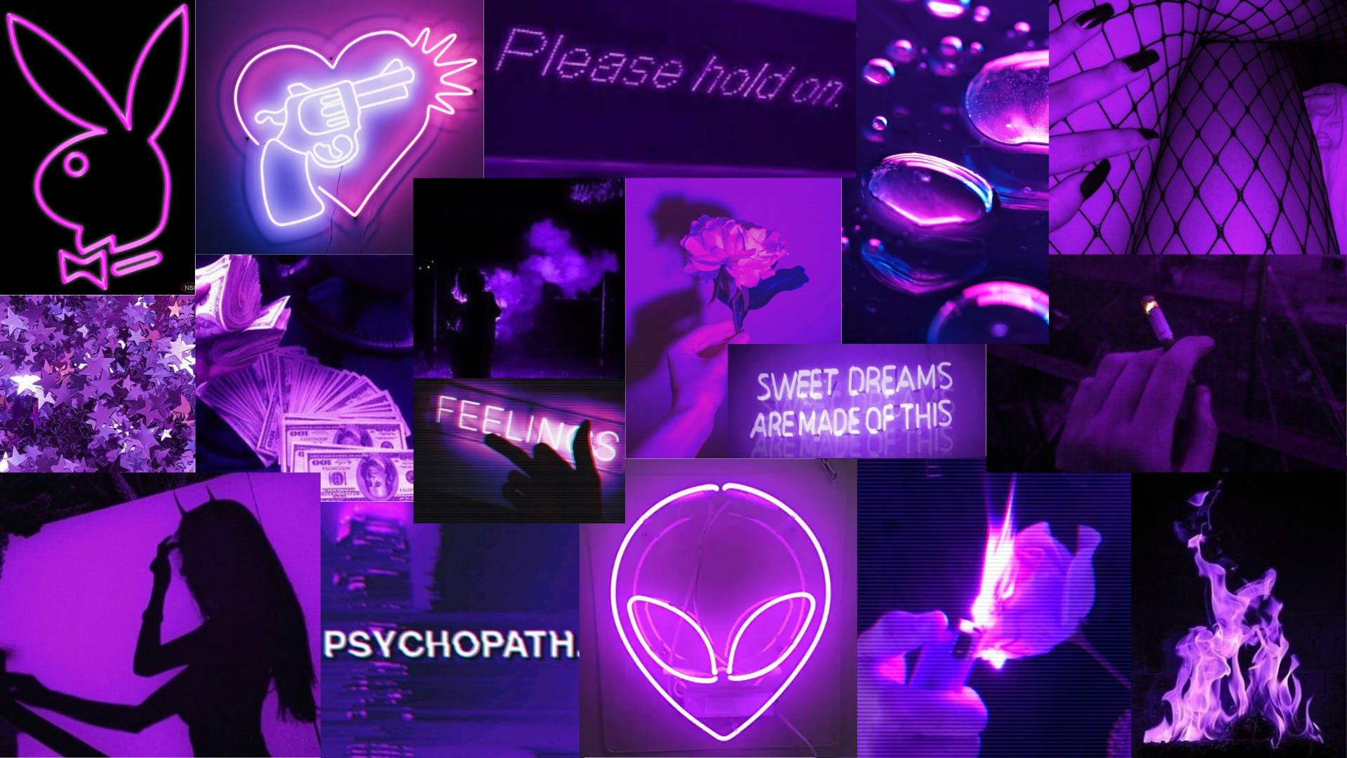 Dark Purple Collage Aesthetic, vibrant purple neon, rabbit, Full HD Desktop Wallpaper