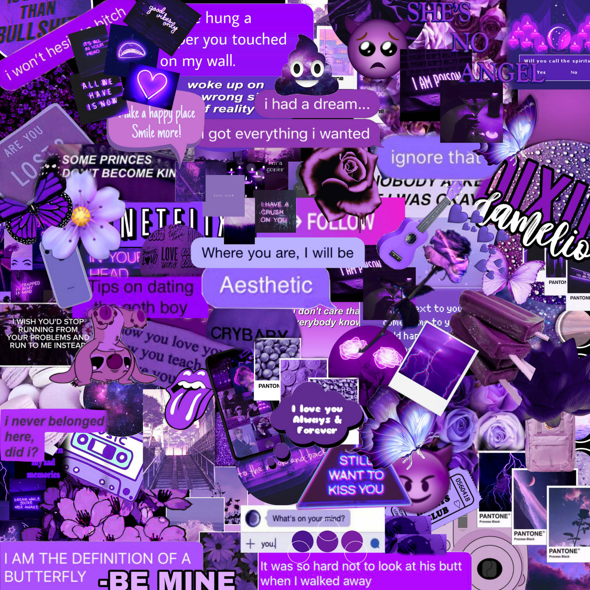 Dark Purple Collage Aesthetic, vibrant purple, text quotes, Full HD Desktop Wallpaper