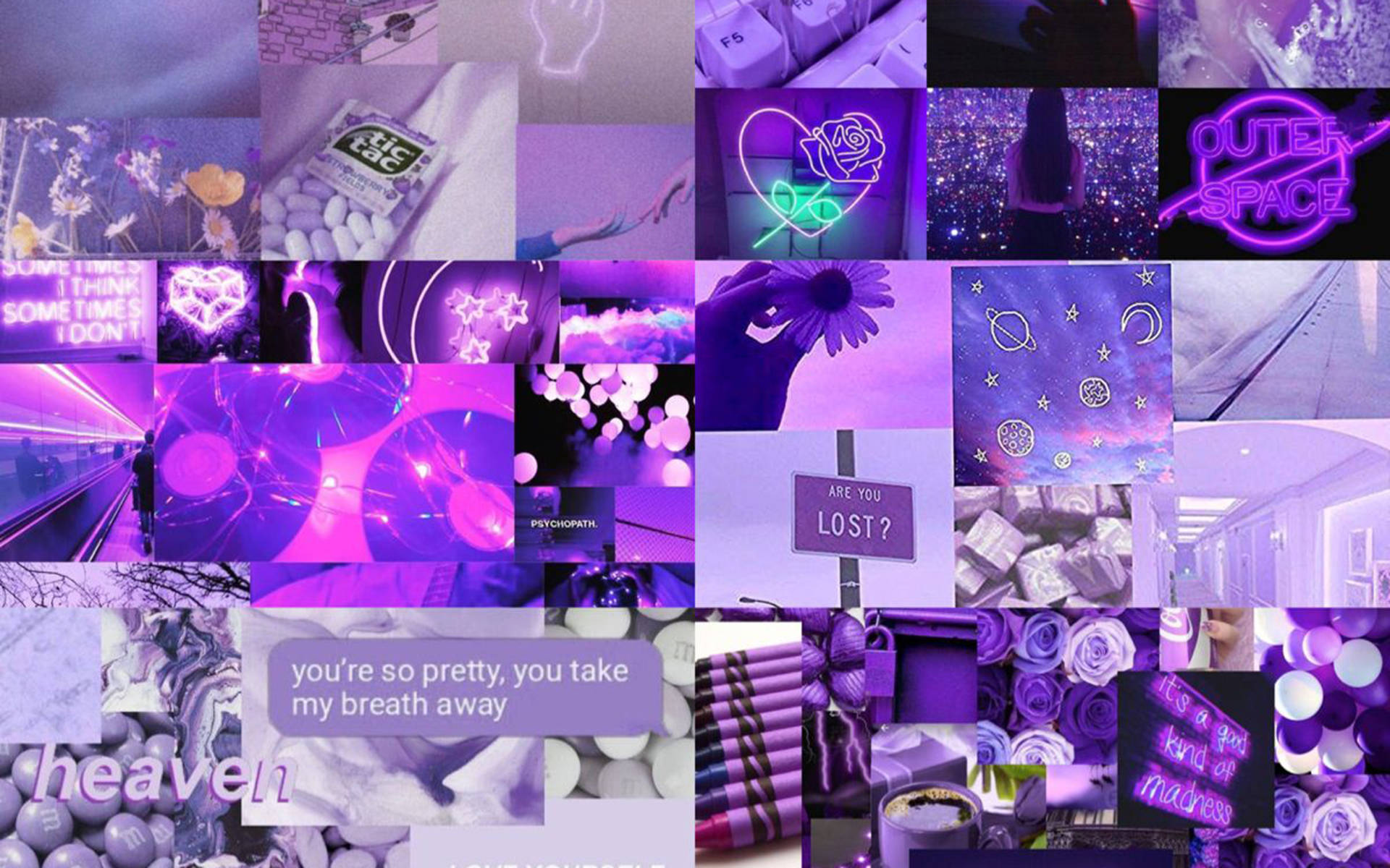 Dark Purple Collage Aesthetic, neon signs, roses, Full HD Desktop Wallpaper