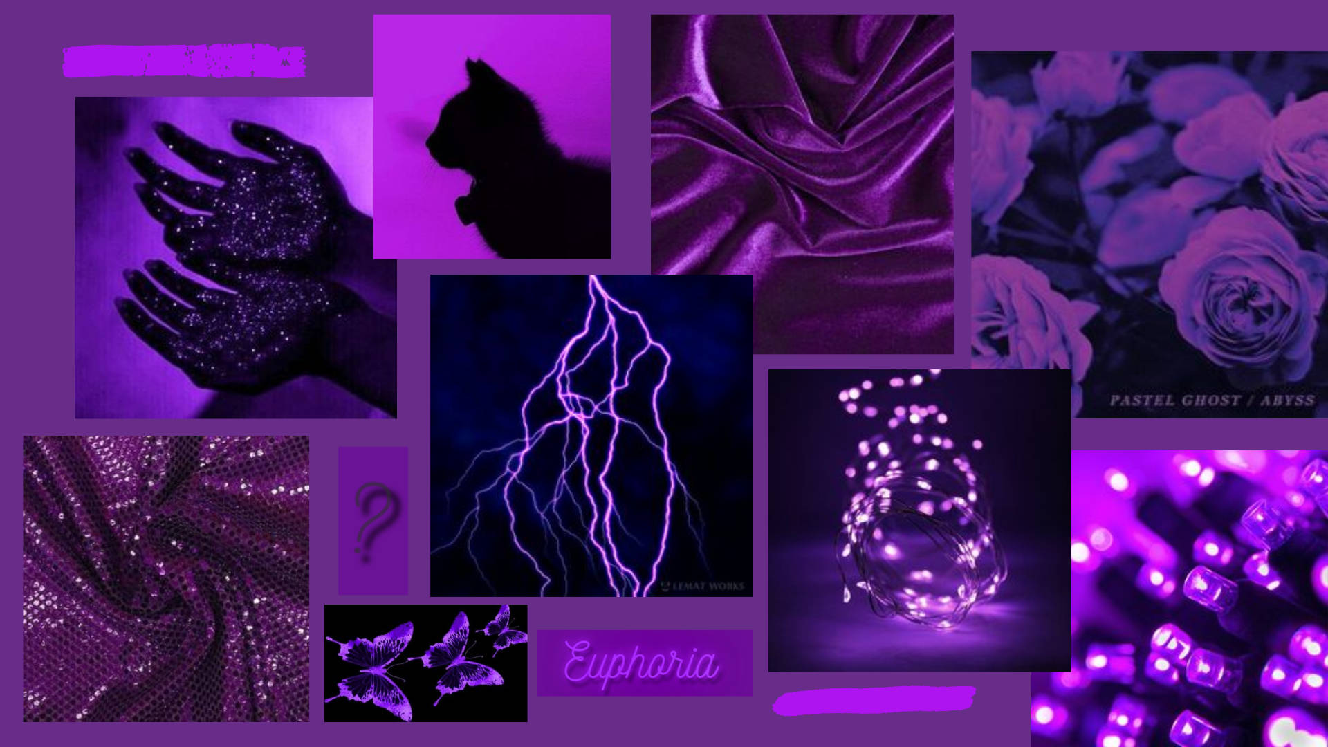 Dark Purple Collage Aesthetic, glittering hands, lightning roses, Full HD Desktop Wallpaper