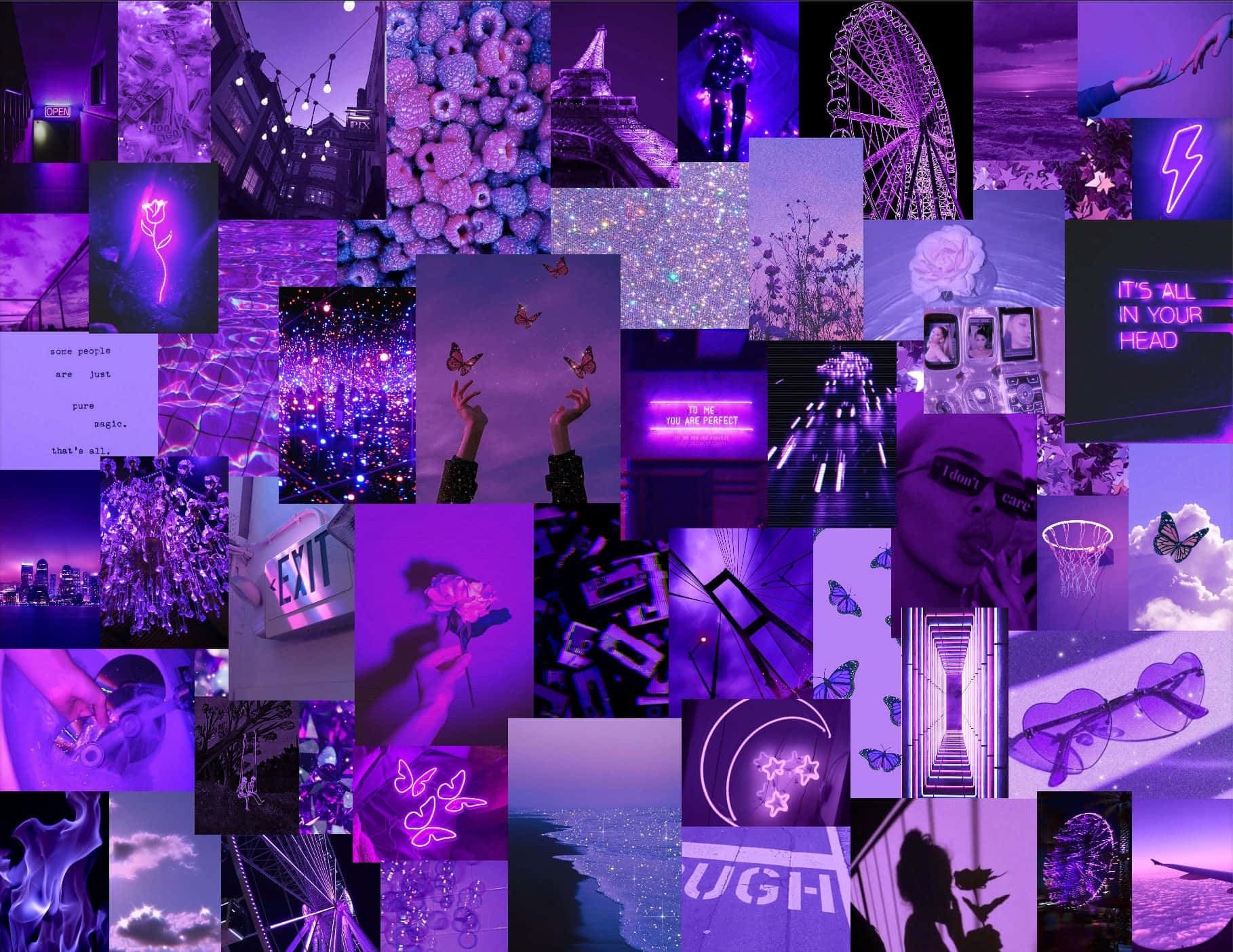 Purple Collage, neon signs, butterflies, HD Desktop Wallpaper