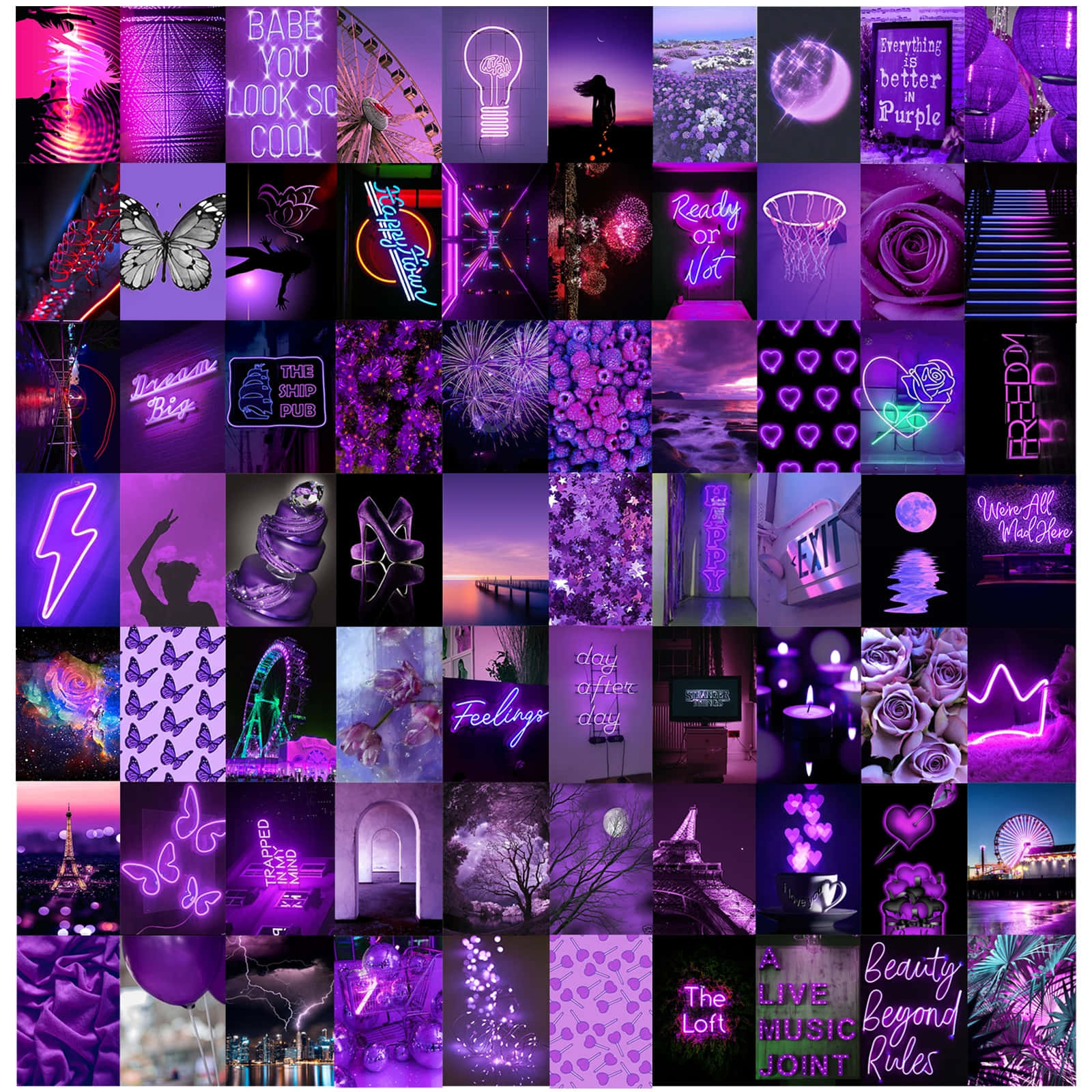 vibrant purple-themed collage, neon signs, butterflies, HD Desktop Wallpaper