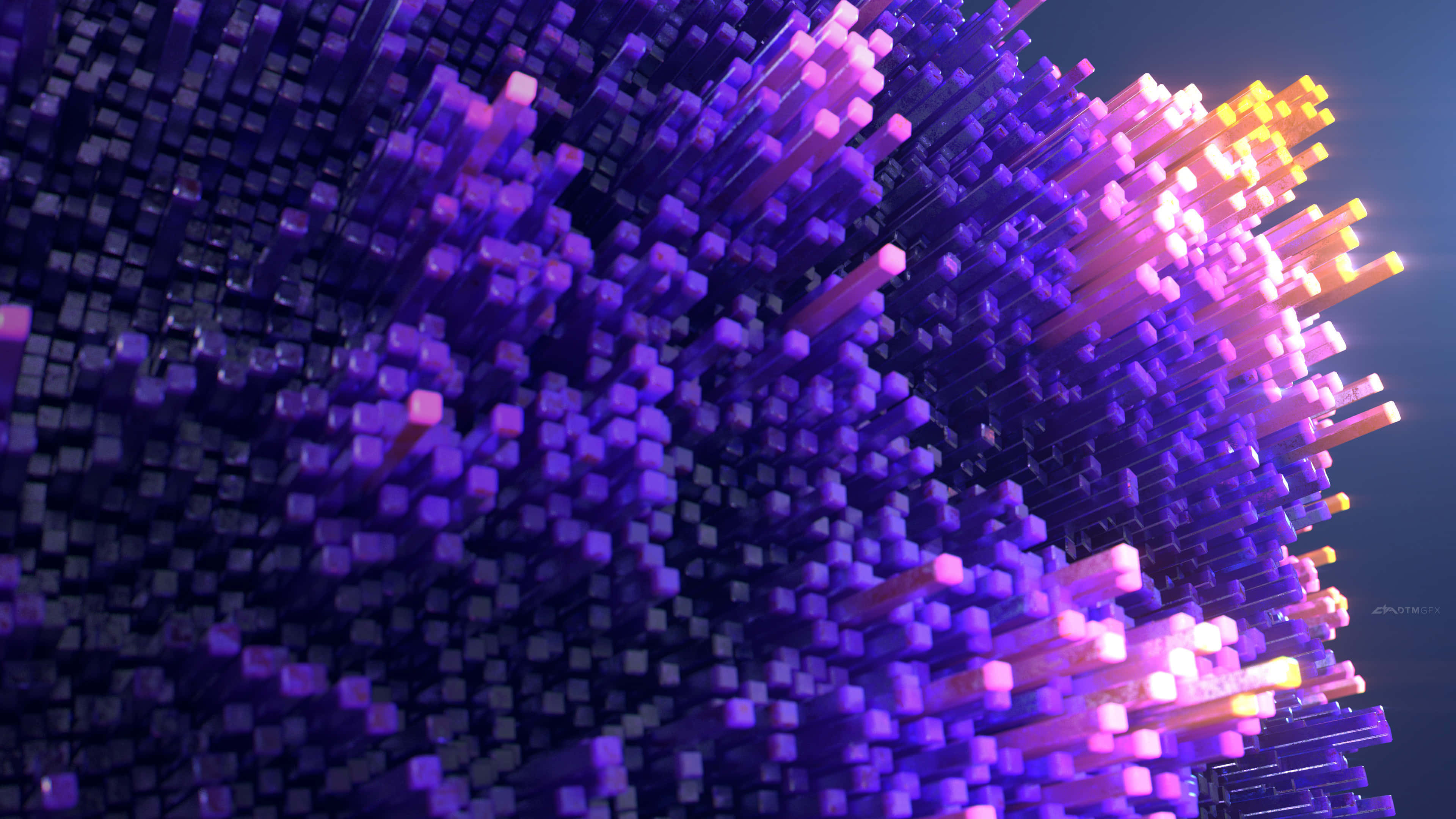 Purple Cool, glowing purple, orange pixelated cubes, 4K Desktop Wallpaper