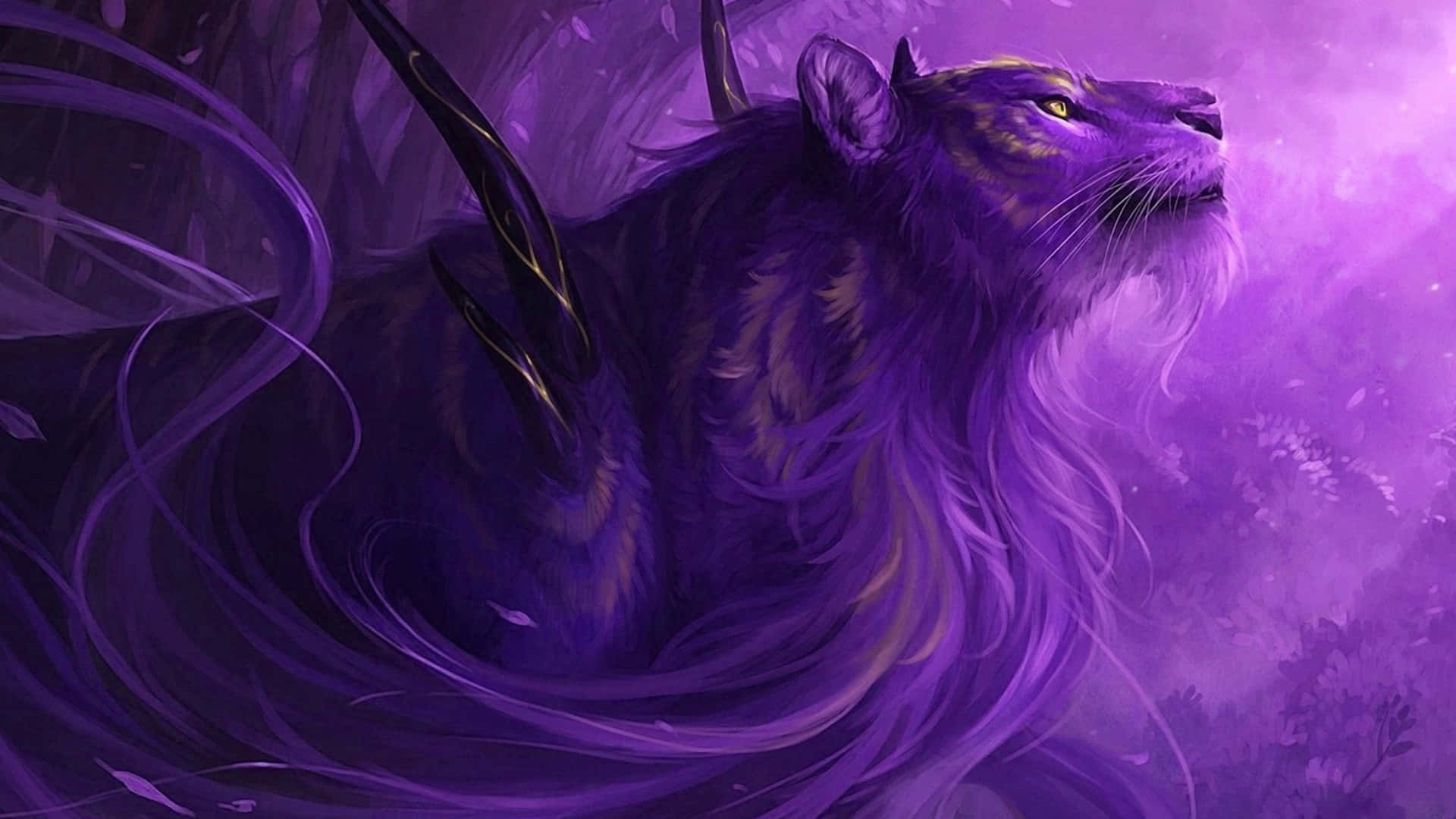 purple tiger, flowing mane, glowing eyes, Full HD Desktop Wallpaper