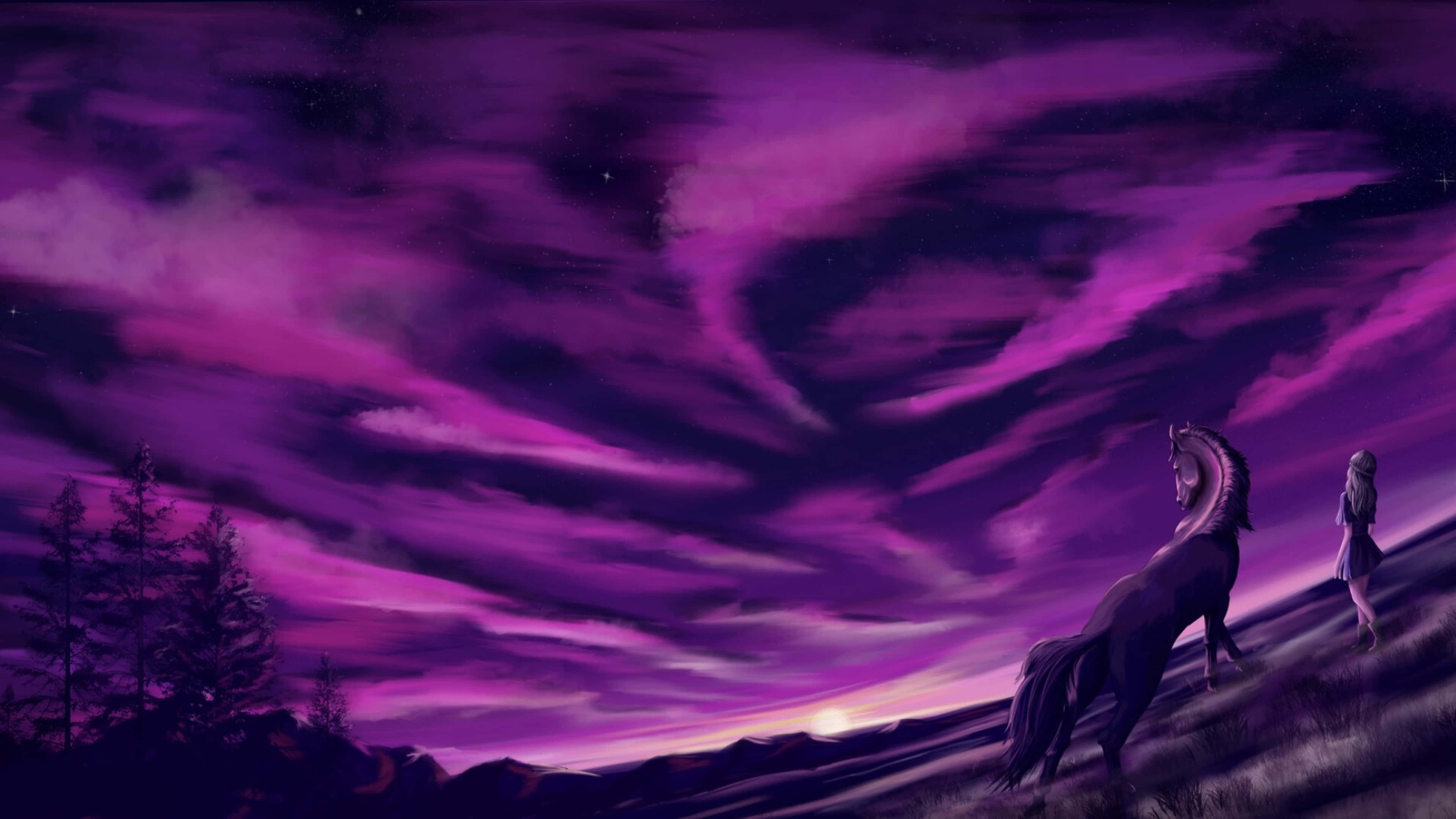 purple twilight sky, lone figure, majestic horse, 4K Desktop Wallpaper