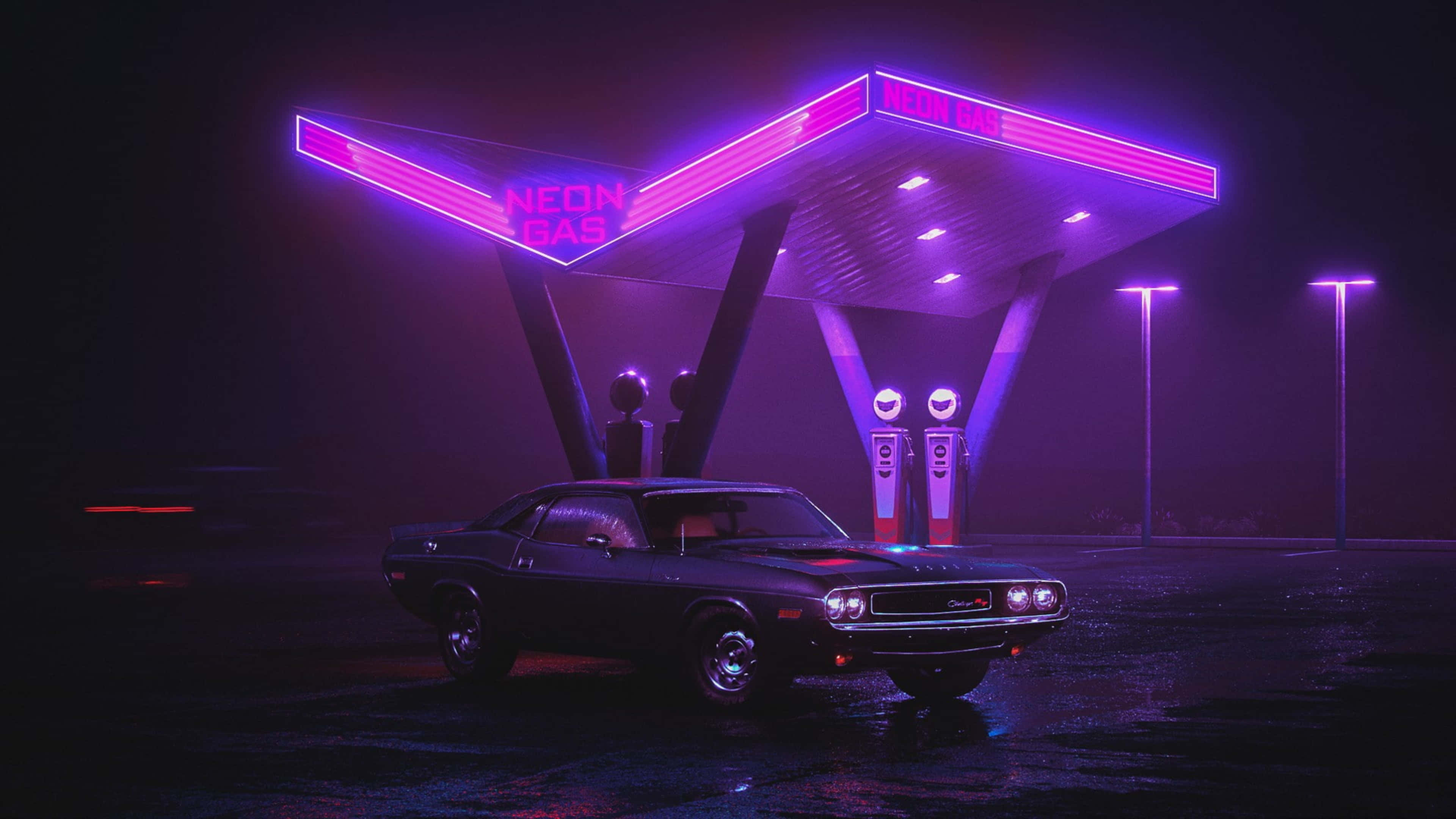 Purple Cool, classic muscle car, vibrant purple neon, 4K Desktop Wallpaper