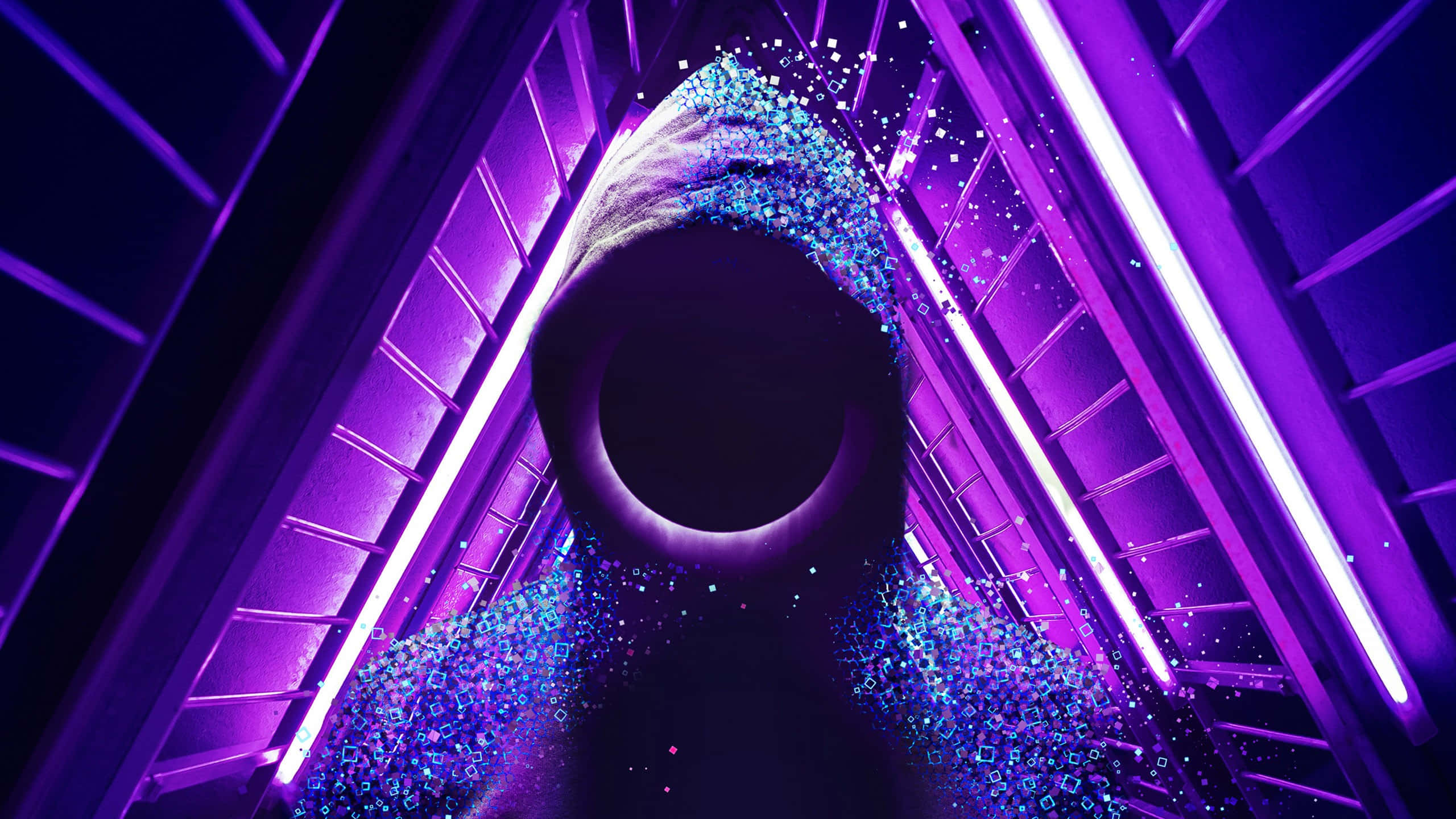 Purple Cool, neon purple geometric tunnel, glowing blue particles, 2K Desktop Wallpaper