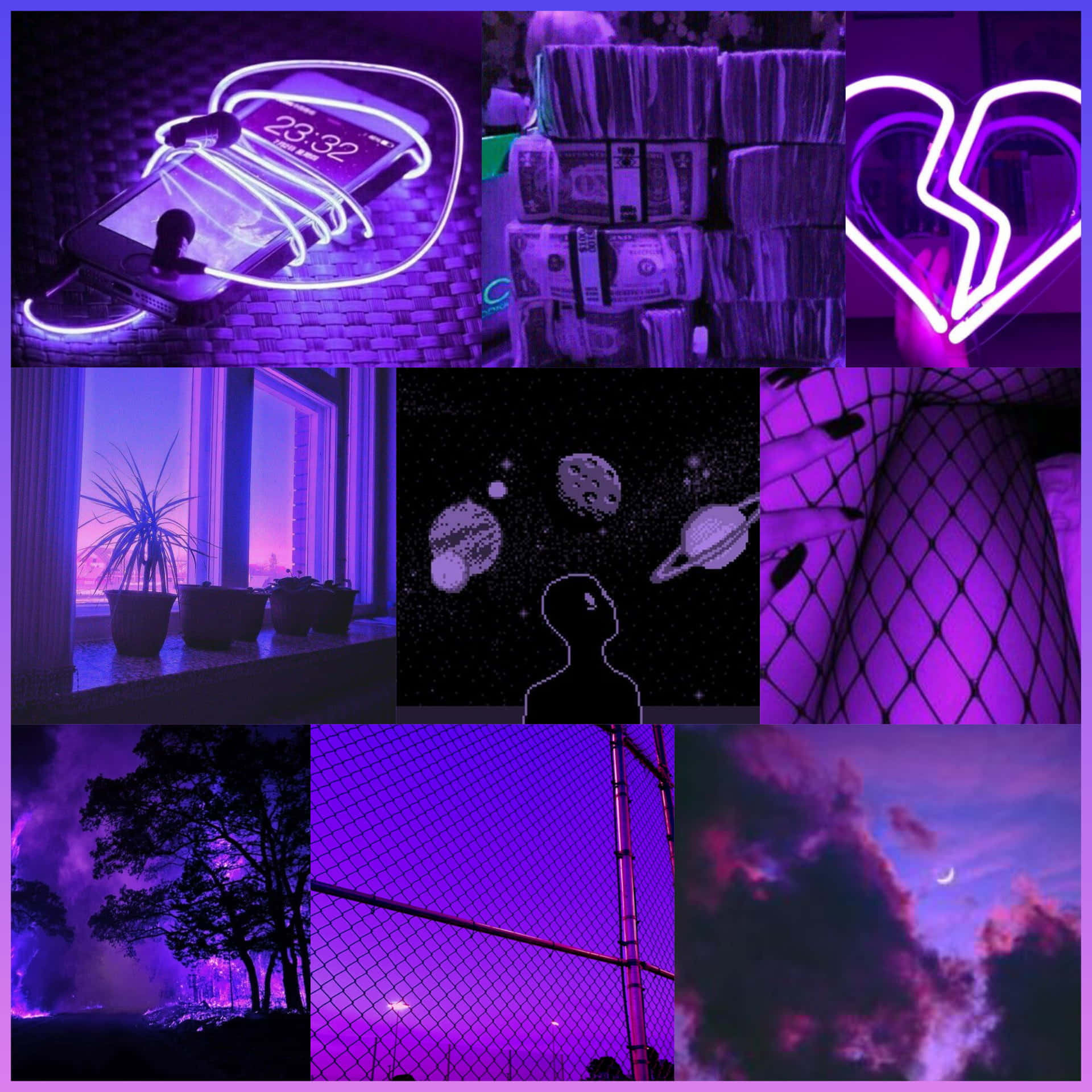 purple aesthetic, neon lights, broken heart, Full HD Desktop Wallpaper