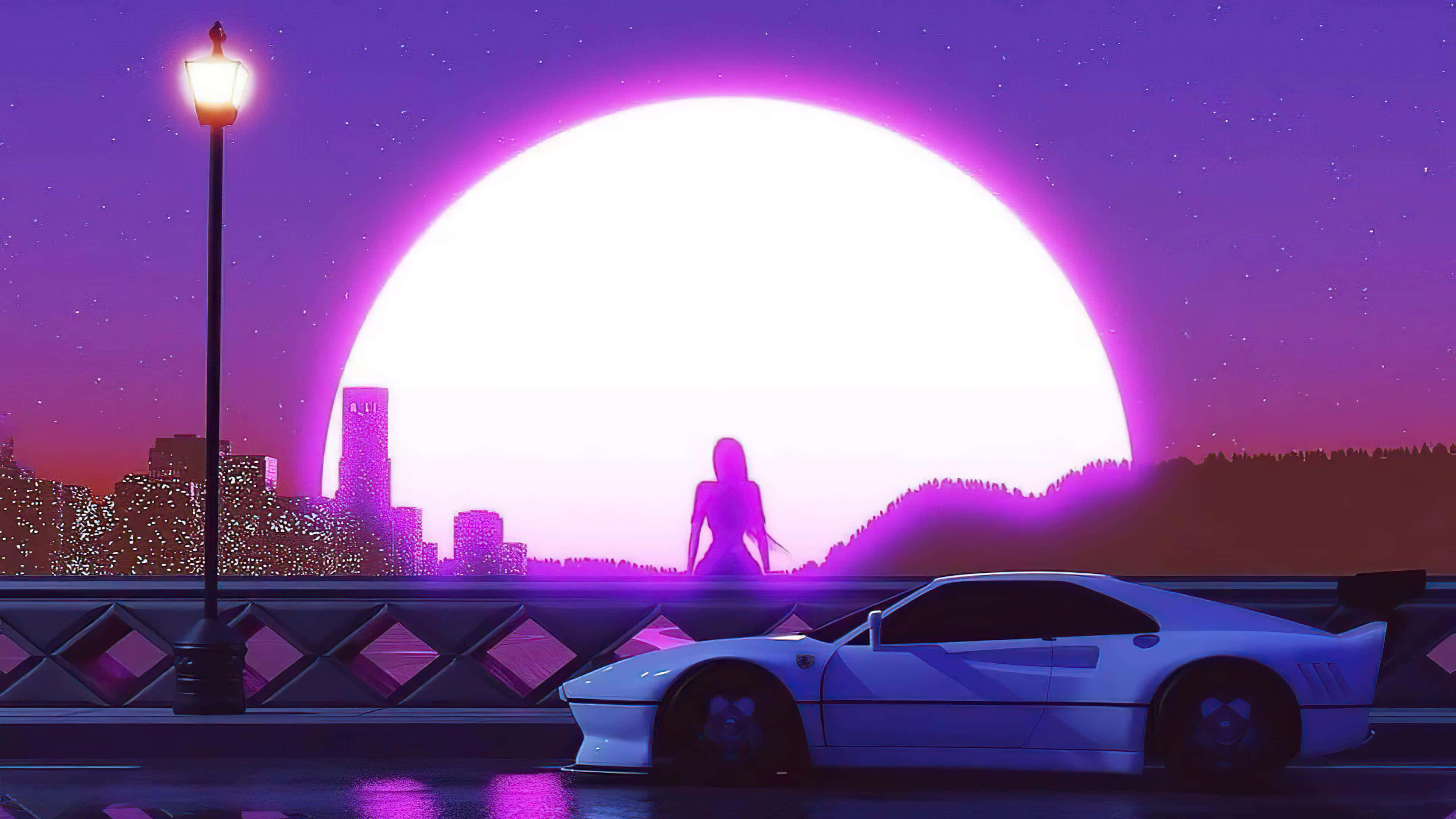 Neon Purple, glowing purple sunset, white sports car, 4K Desktop Wallpaper